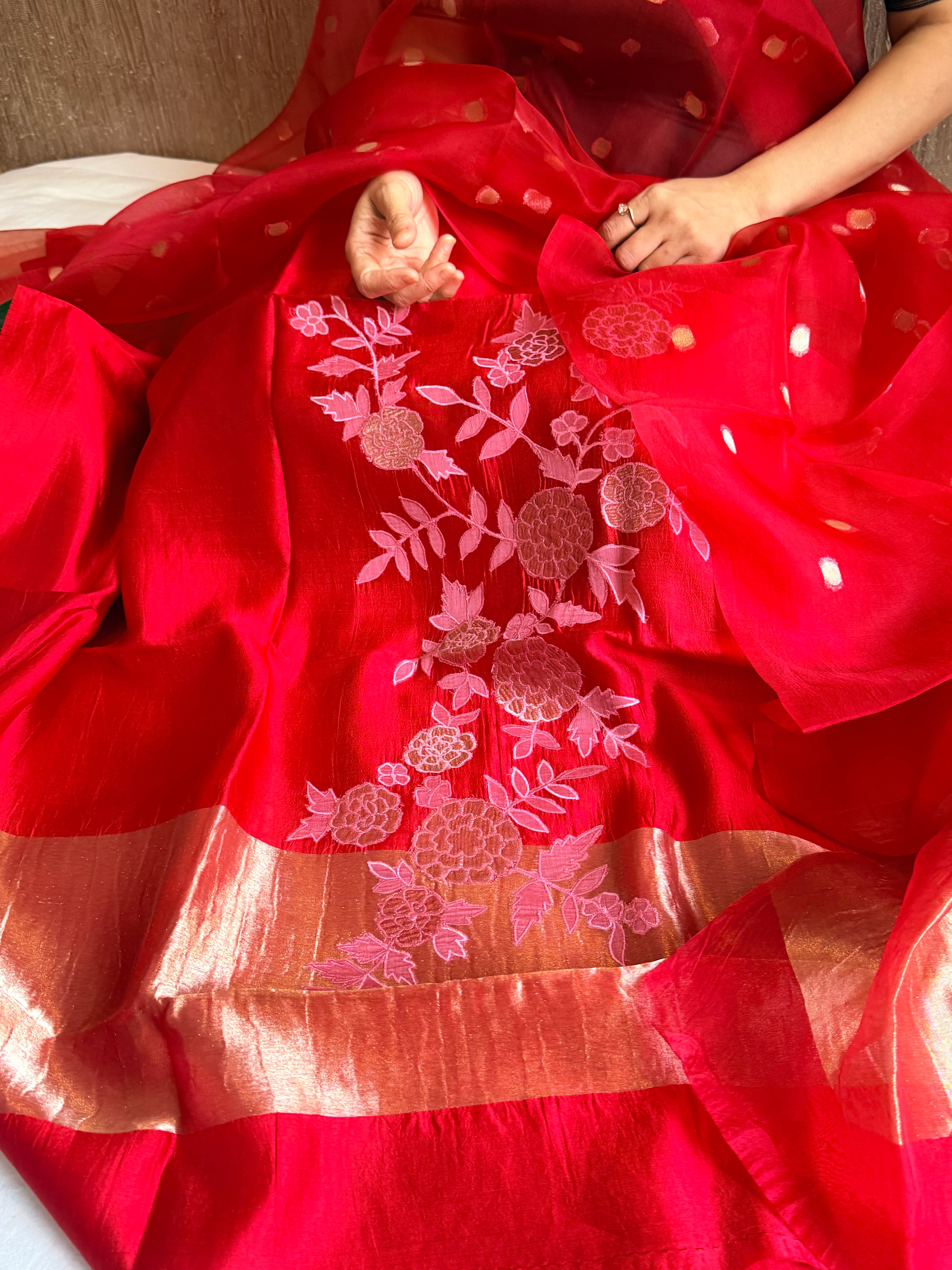 Mango tissue silk appliqué work suit set with kora tissue duppata