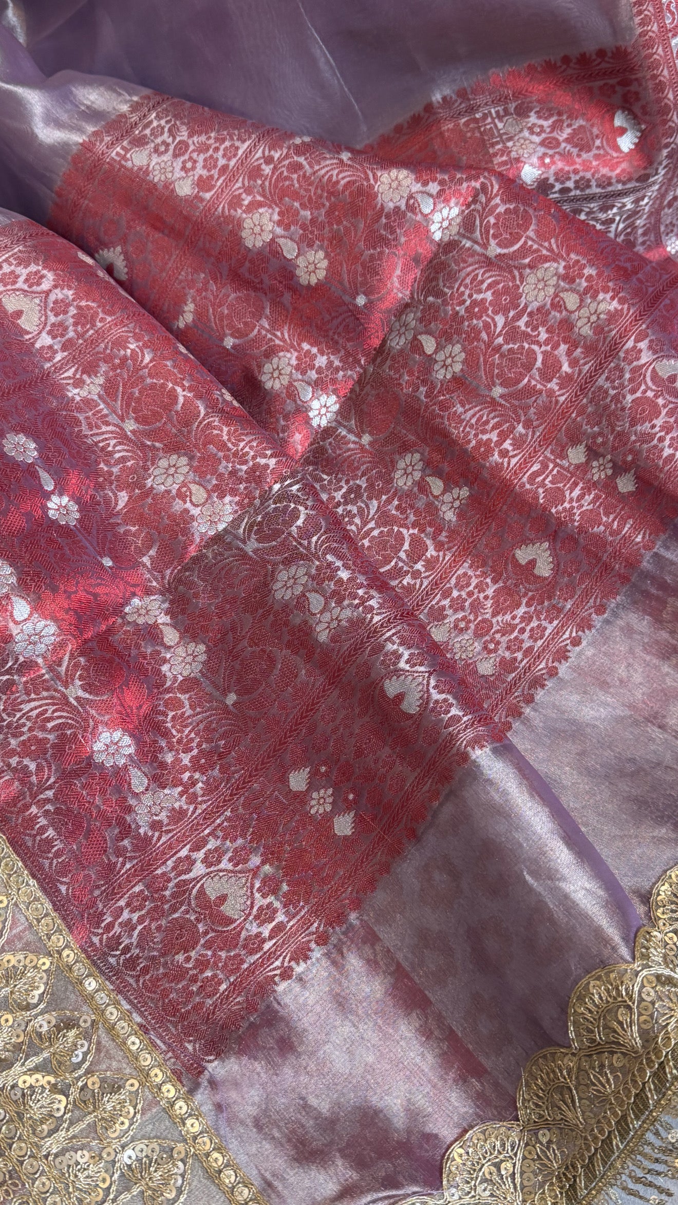 Maharani dreamy lavender tissue silk kadhwa meenakari saree