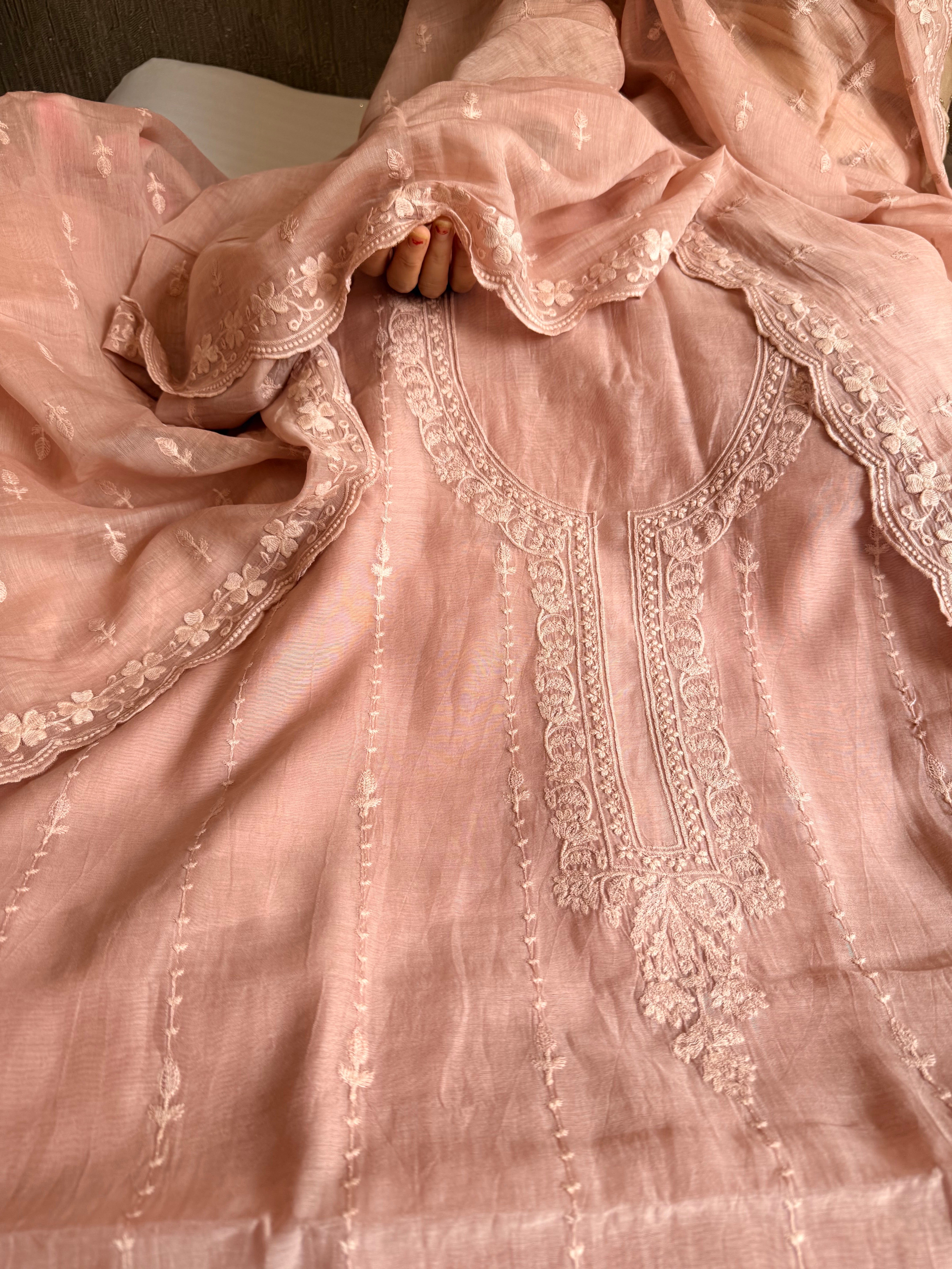 Dusty peach mul cotton thread hand embroidered suit set