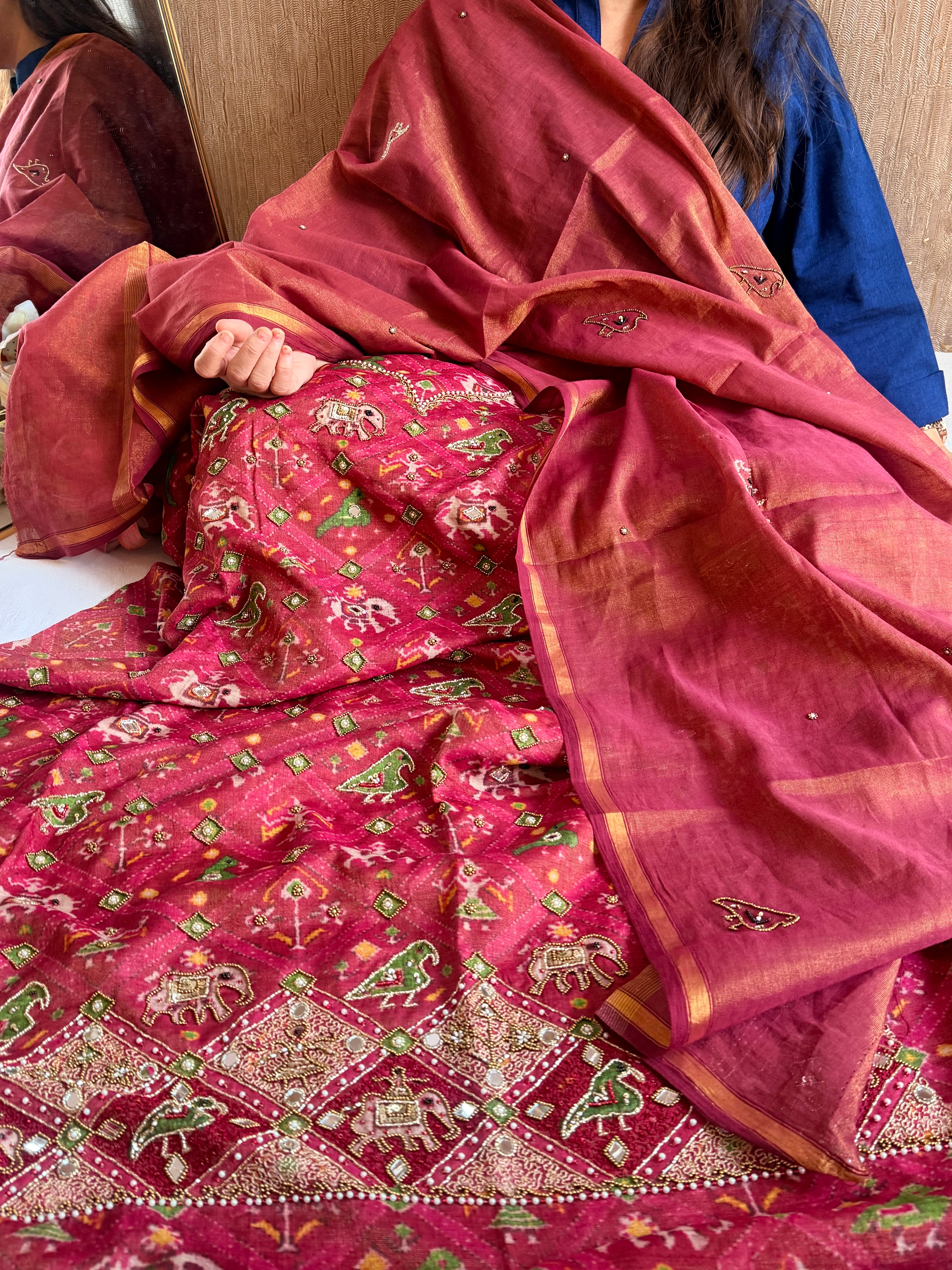 Patola weaving hand embroidered mul cotton tissue suit sets