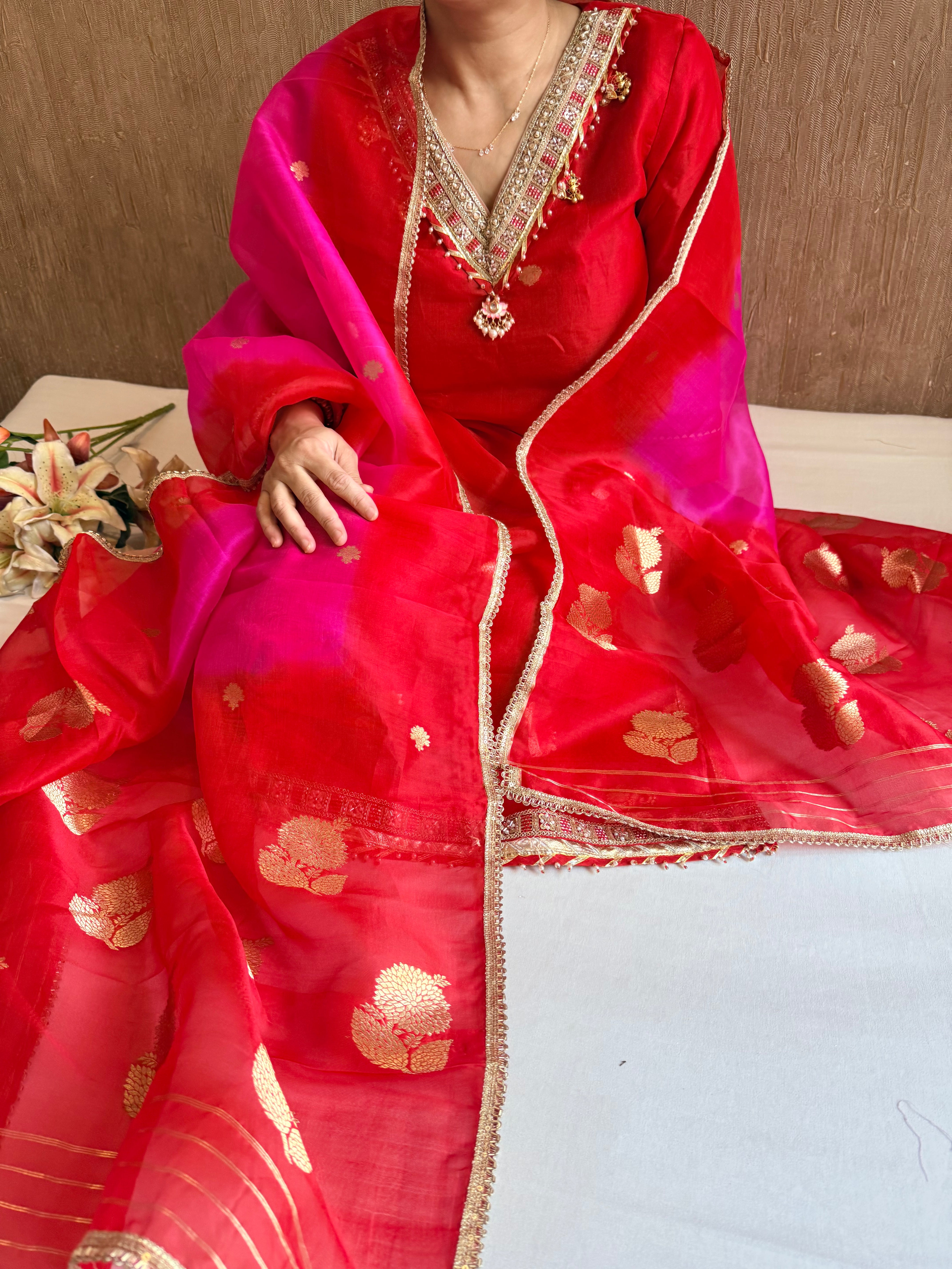 Punjabi kudi edit - Banarasi kora silk ghungroo and gotapatti suit sets ( STITCHED M-L SIZE )