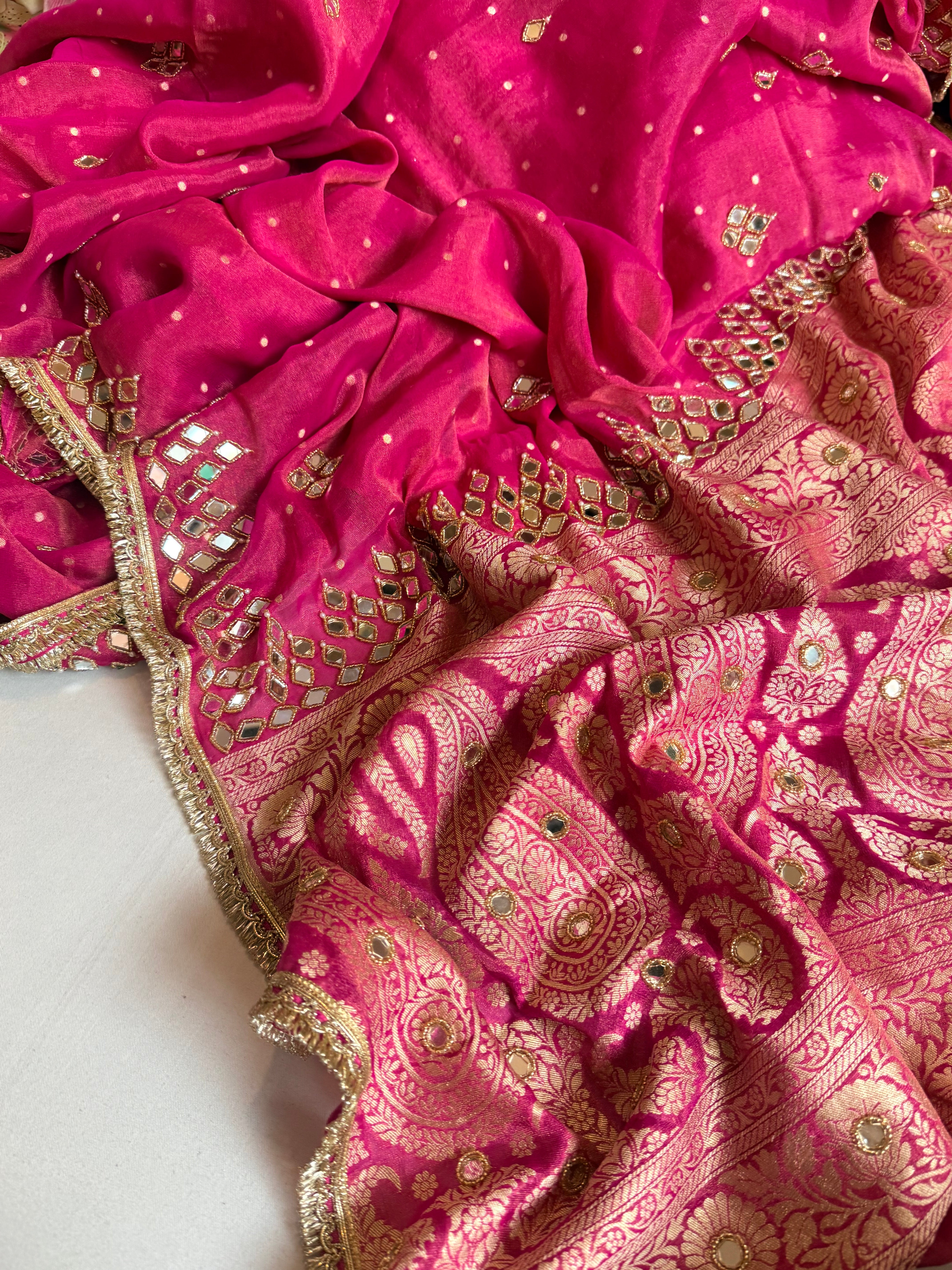 Hot pink tissue gorgette mirror work hand embroidered saree