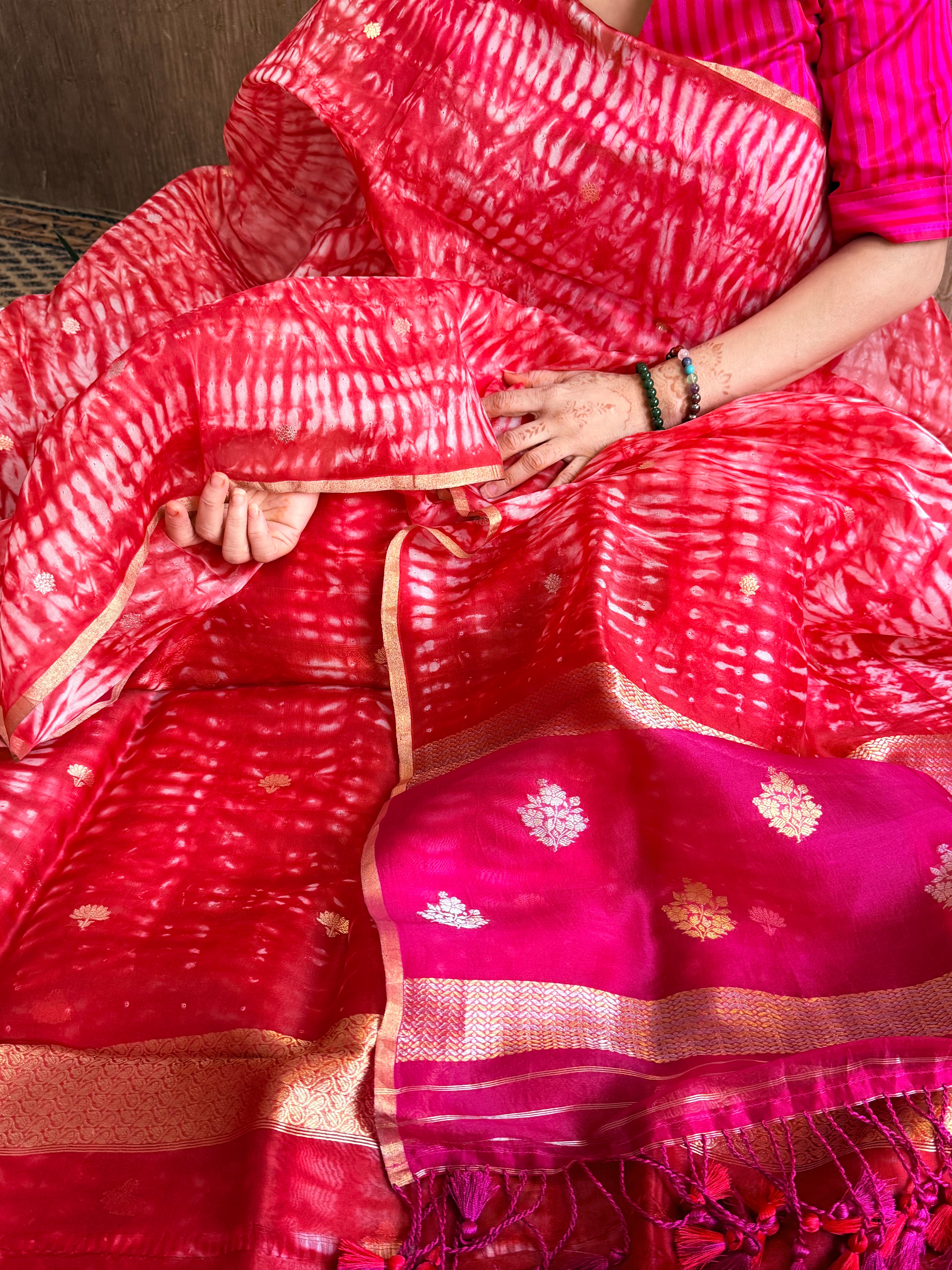 Cherry red banarasi blue kora silk shibori dye kadhwa suit set