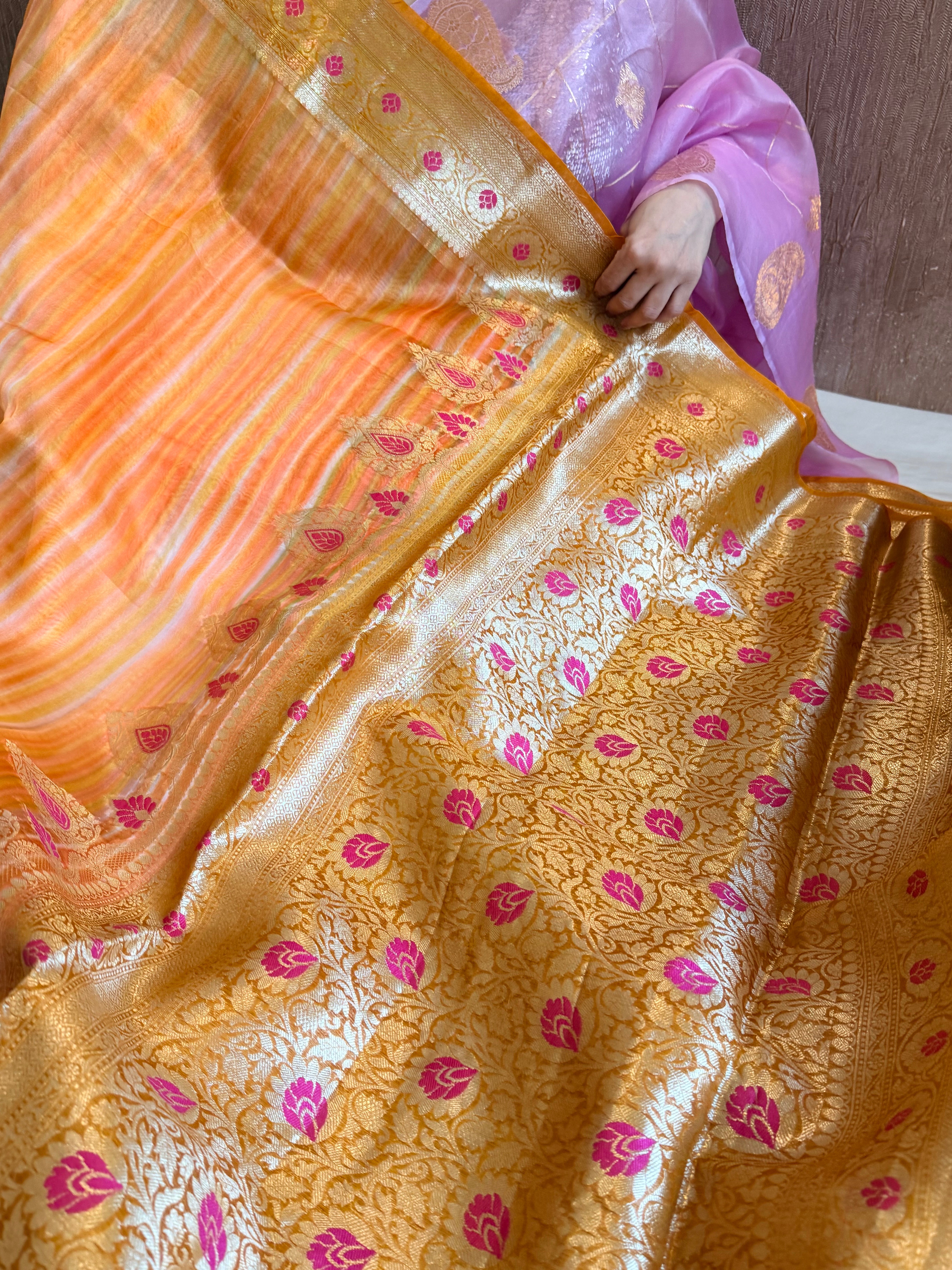 Peachy orange kora silk rainbow dyed meenakari saree