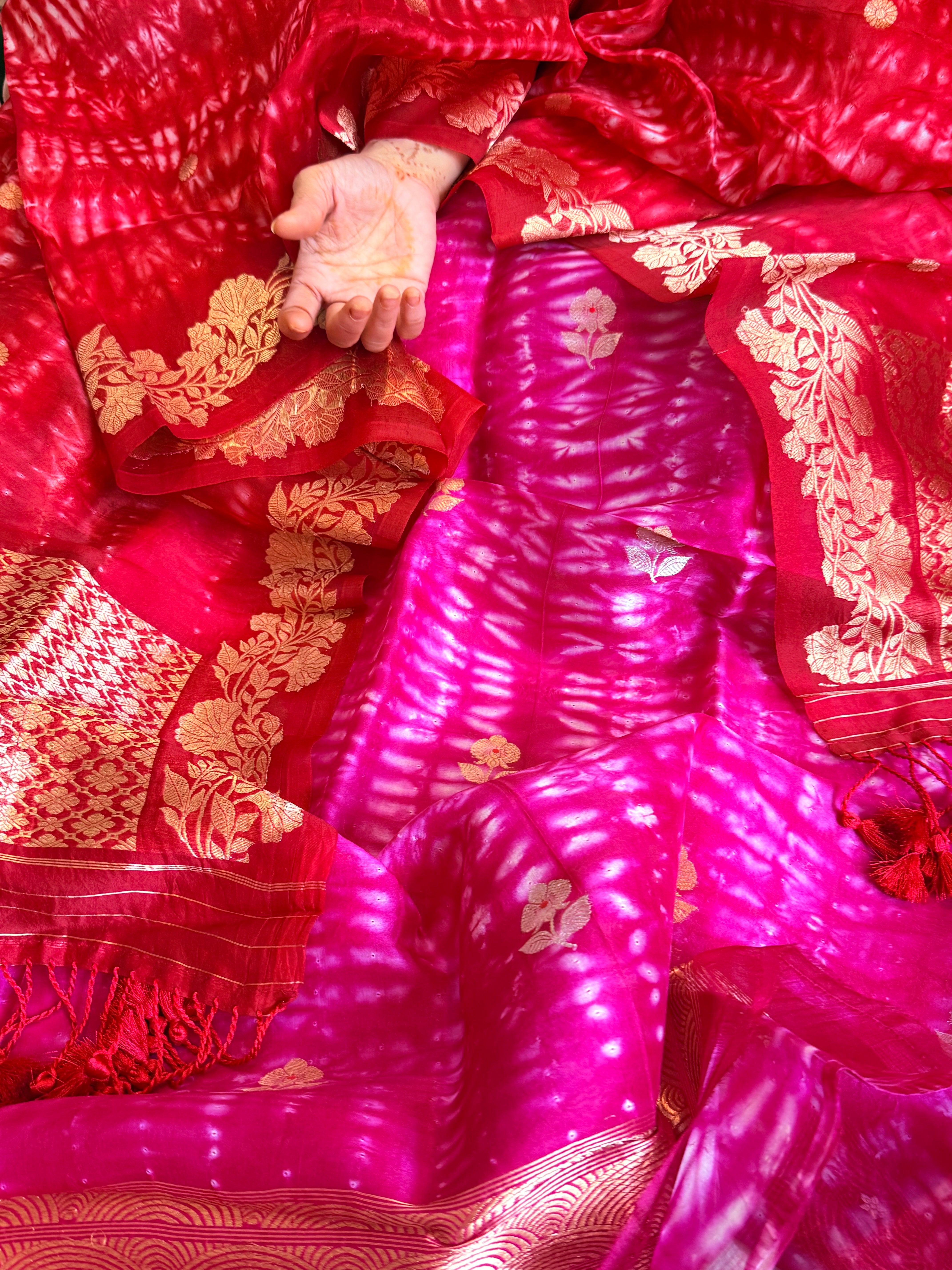Hot pink - red  banarasi blue kora silk shibori dye kadhwa suit set