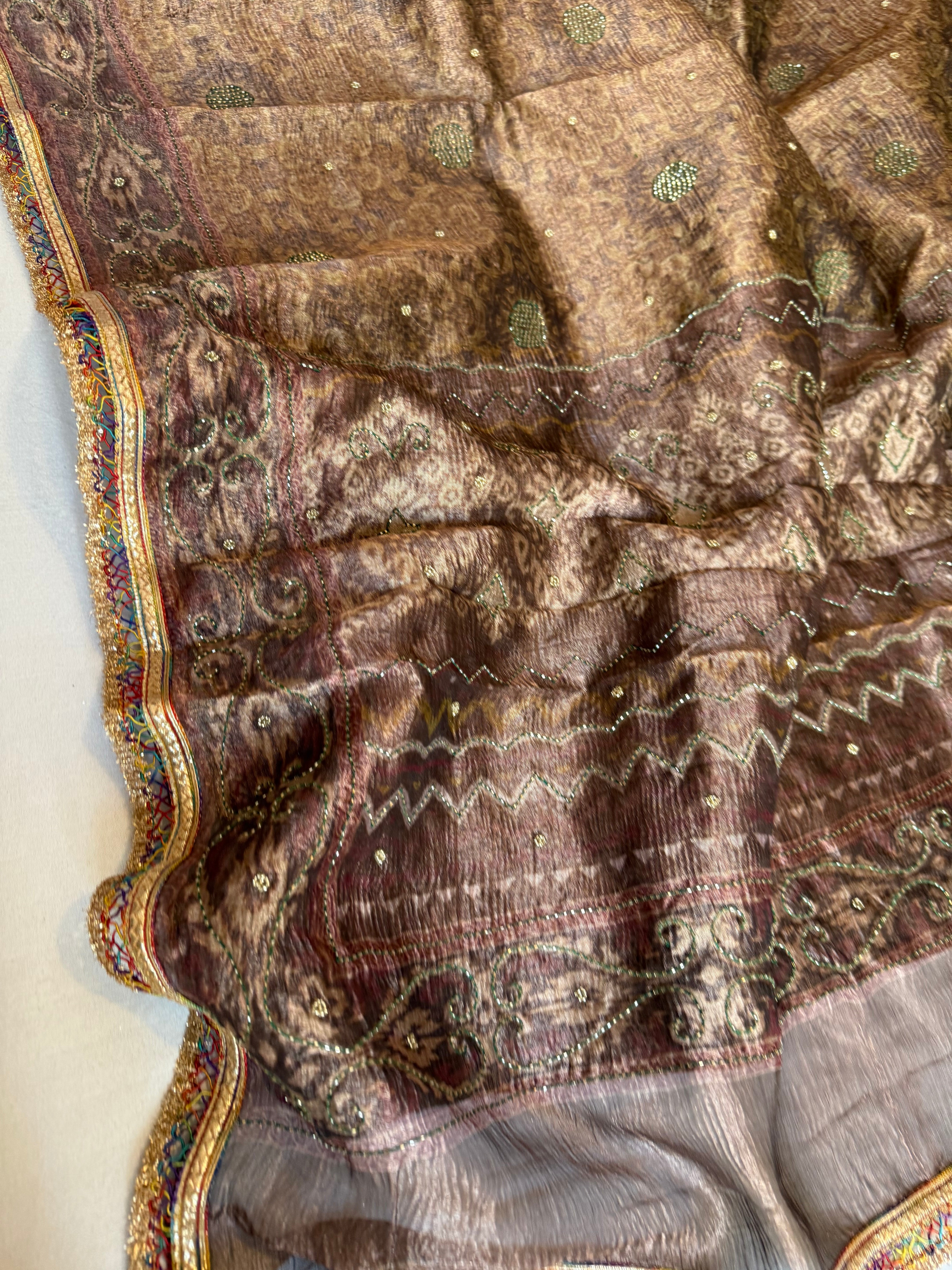 Printed tissue silk heavy hand embroidered kadhwa gotapatti saree