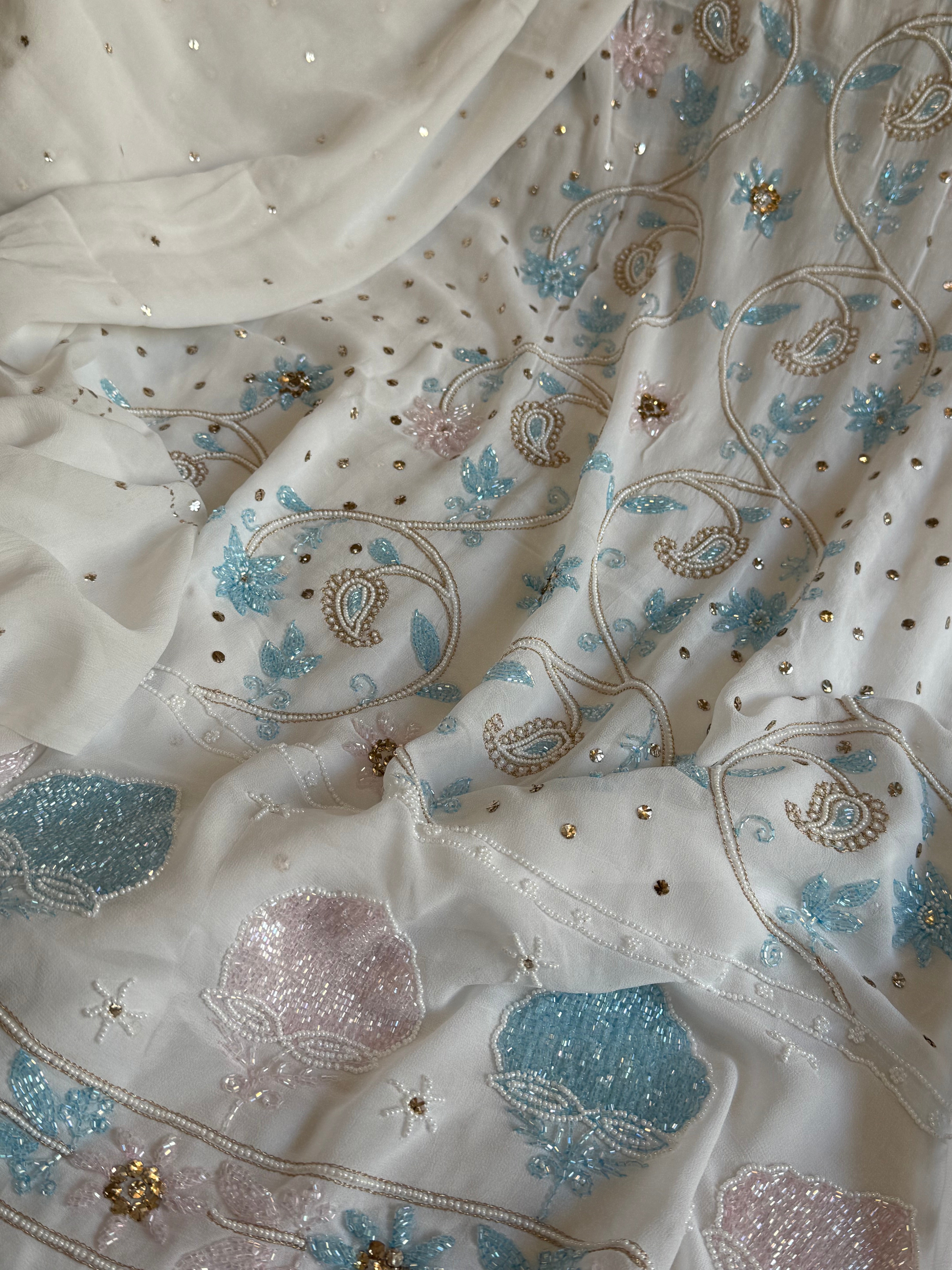 Banarasi gorgette mukaish and pearlwork hand embroidered kadhwa suits