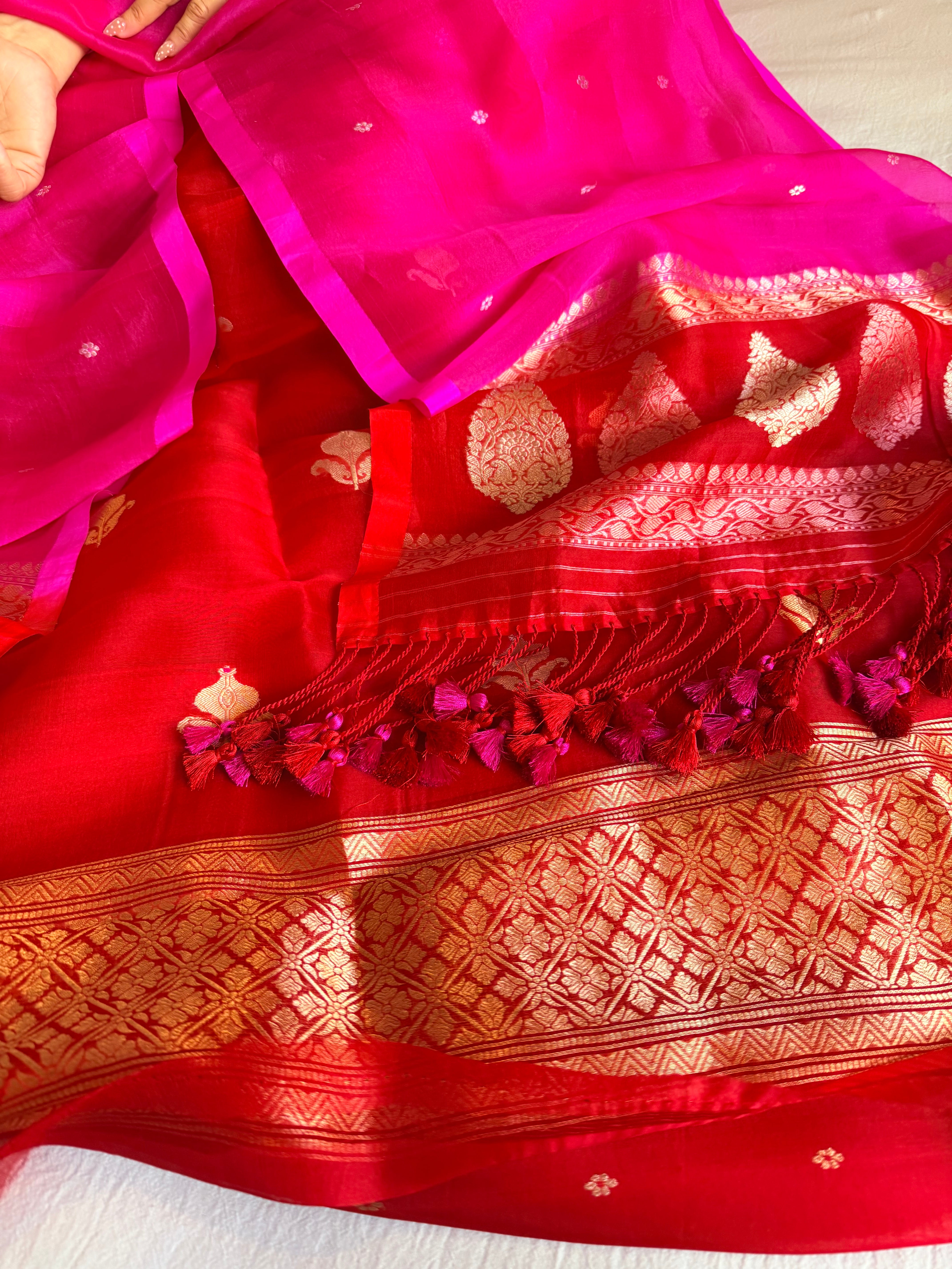 Red rani & orange shaded kora silk chal dye kadhwa banarasi suit set