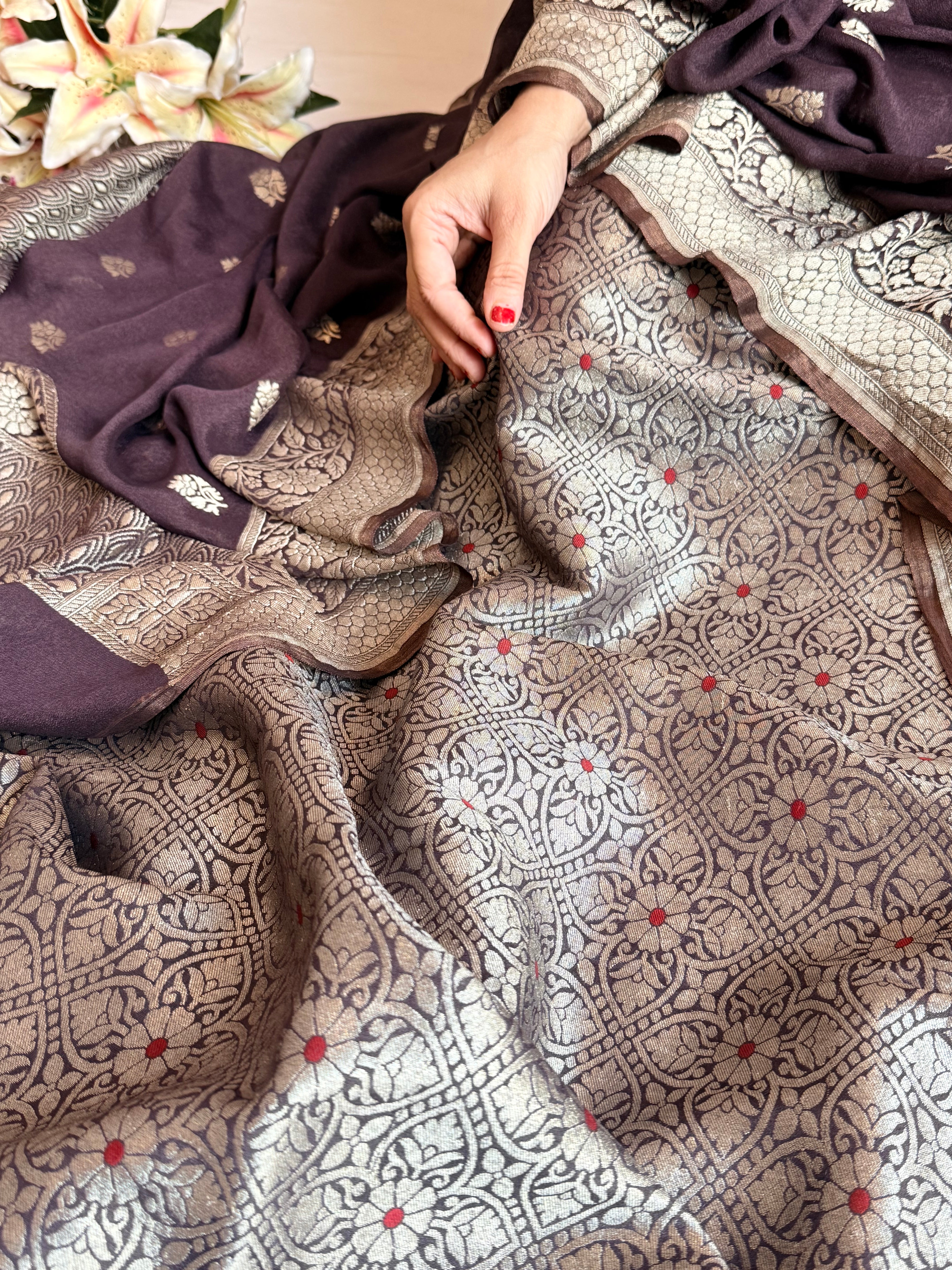 Chocolate brown moonga brocade ambose meenakari suit set