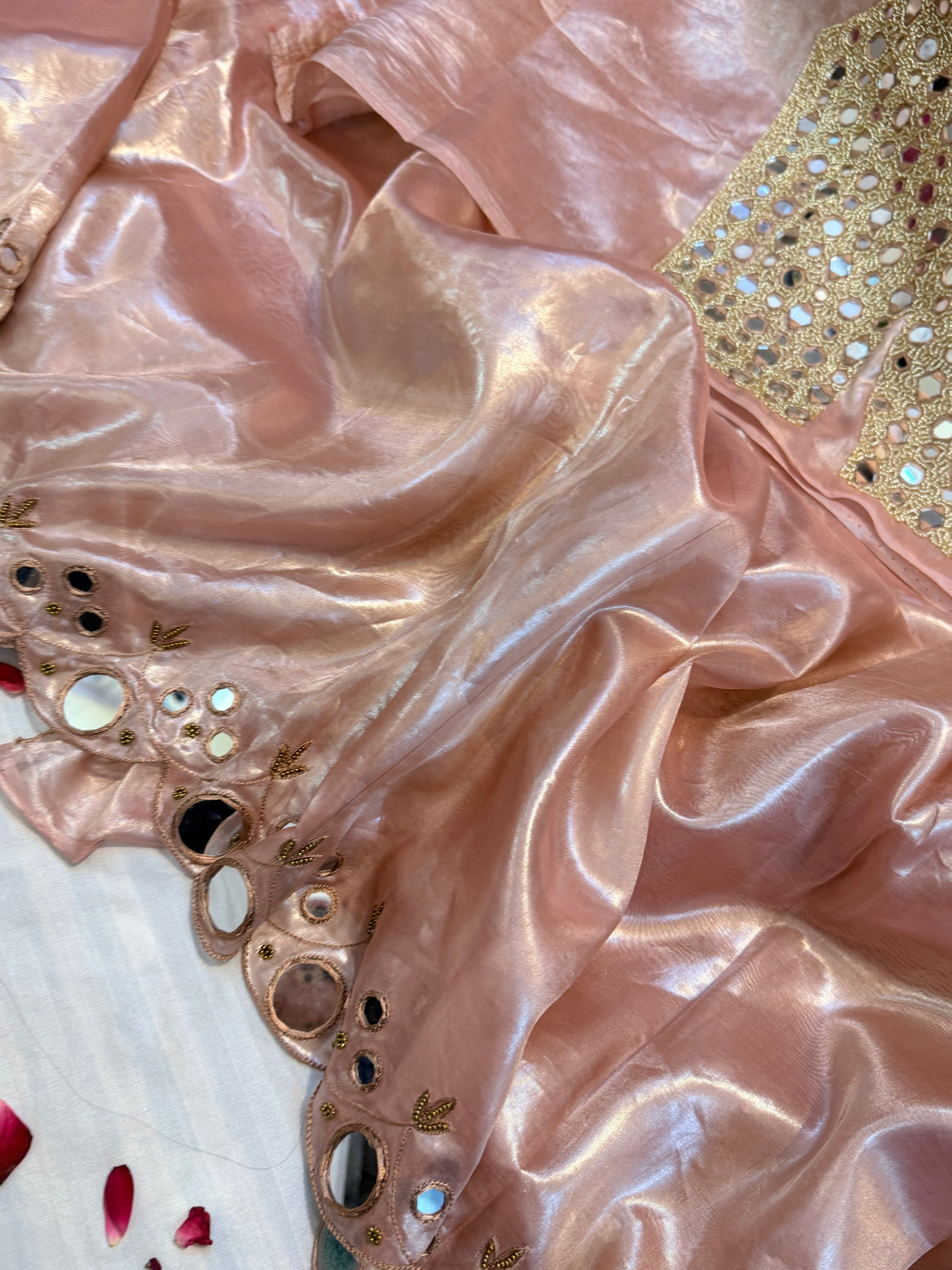 Sheeshe wali blush peachy pink tissue silk mirrorwork hand embroidered banarasi saree