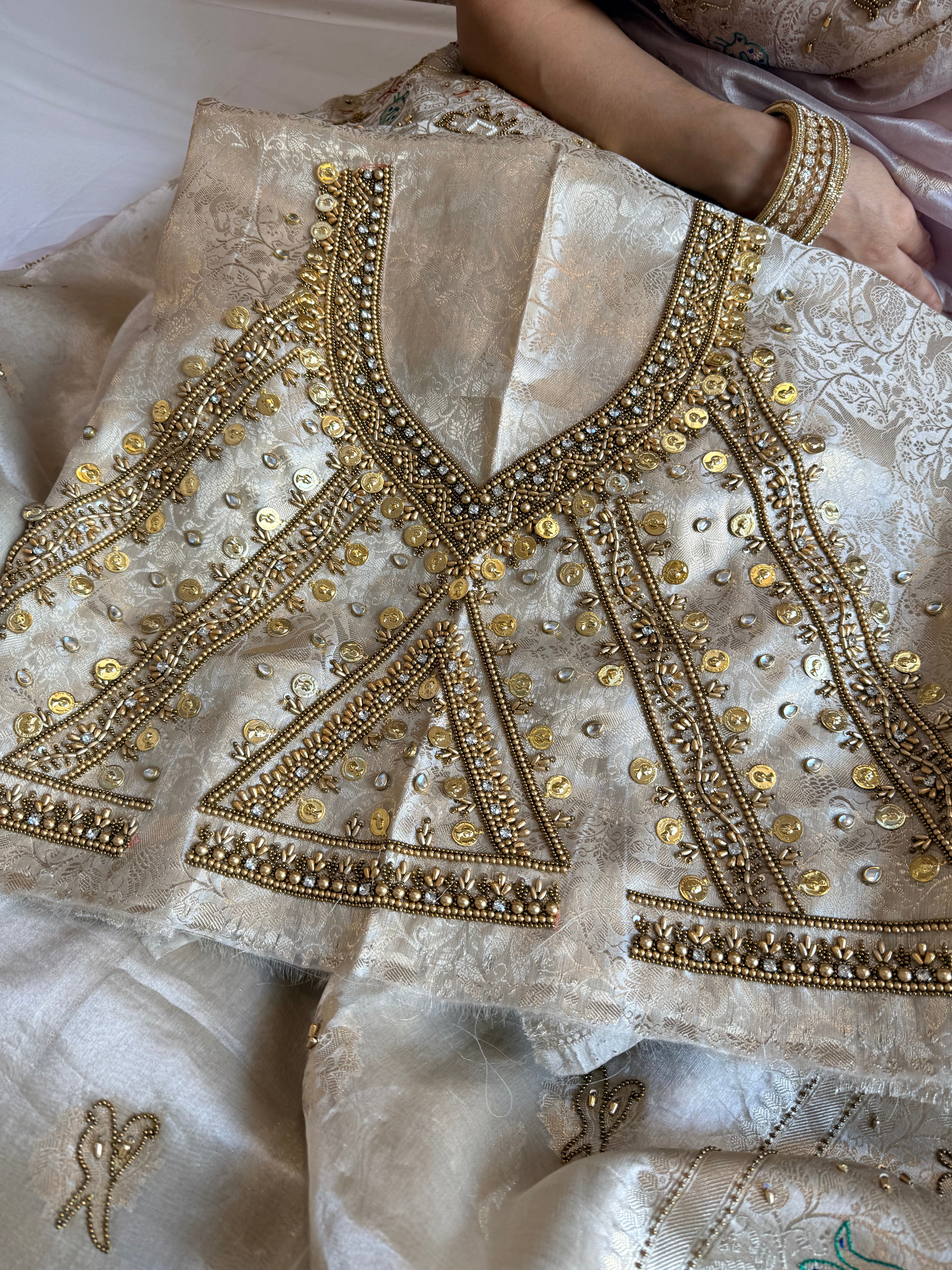 Vrindavan edit saree - Champagne gold diamond tissue silk hand embroidered jadau work saree