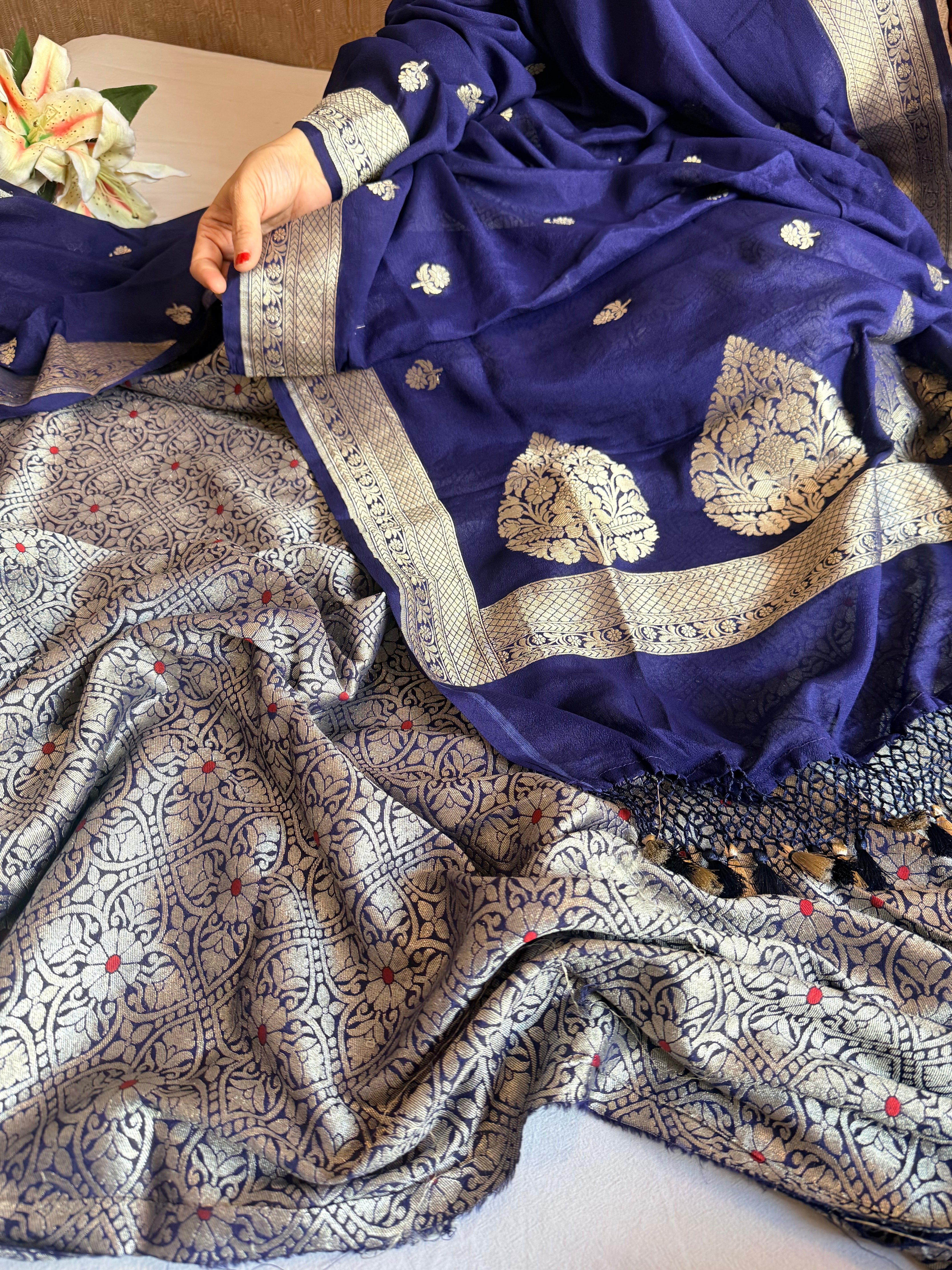 Navy blue moonga brocade ambose meenakari suit set