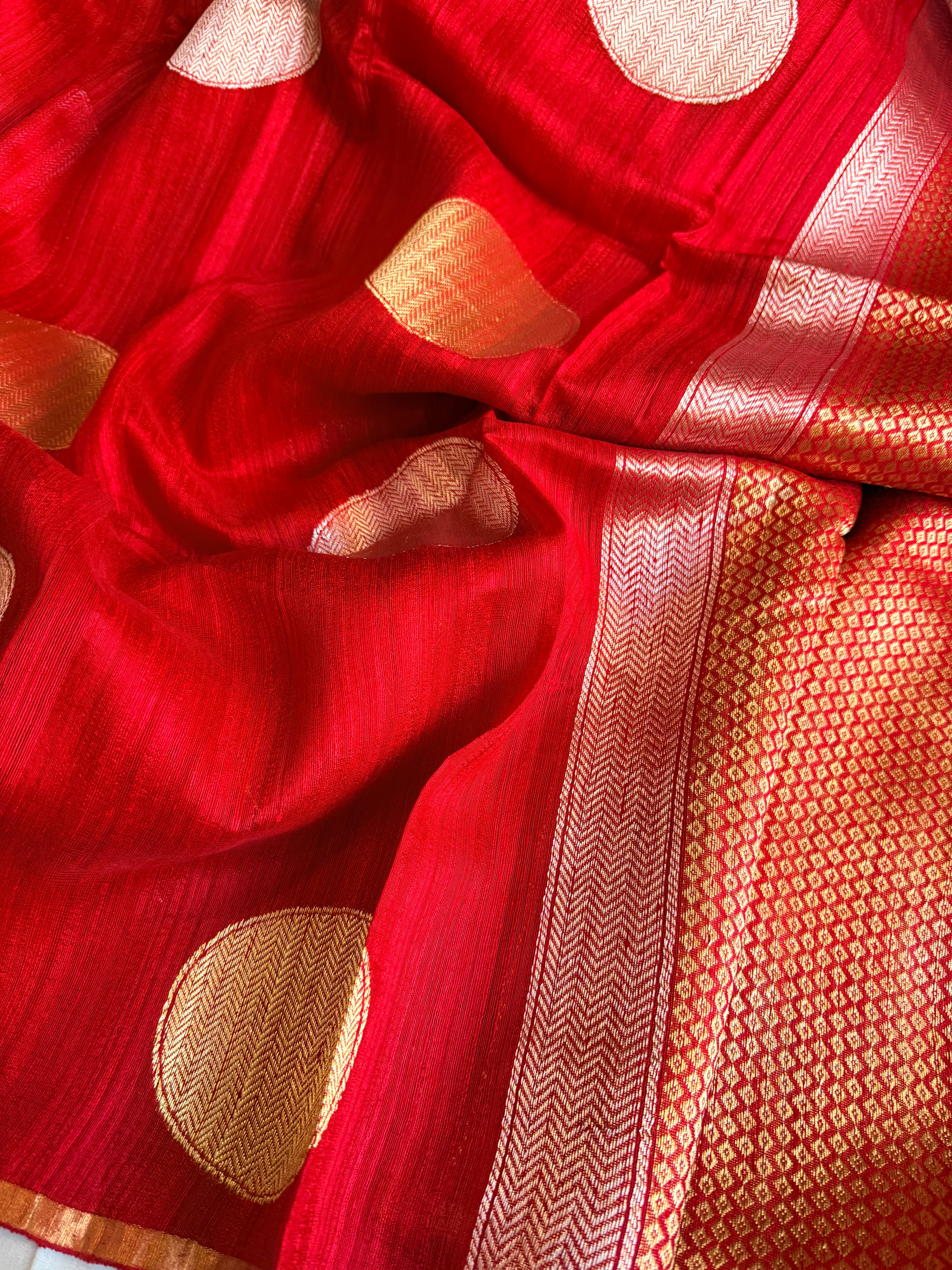 Blood red tussar gorgette kadhwa weaving saree