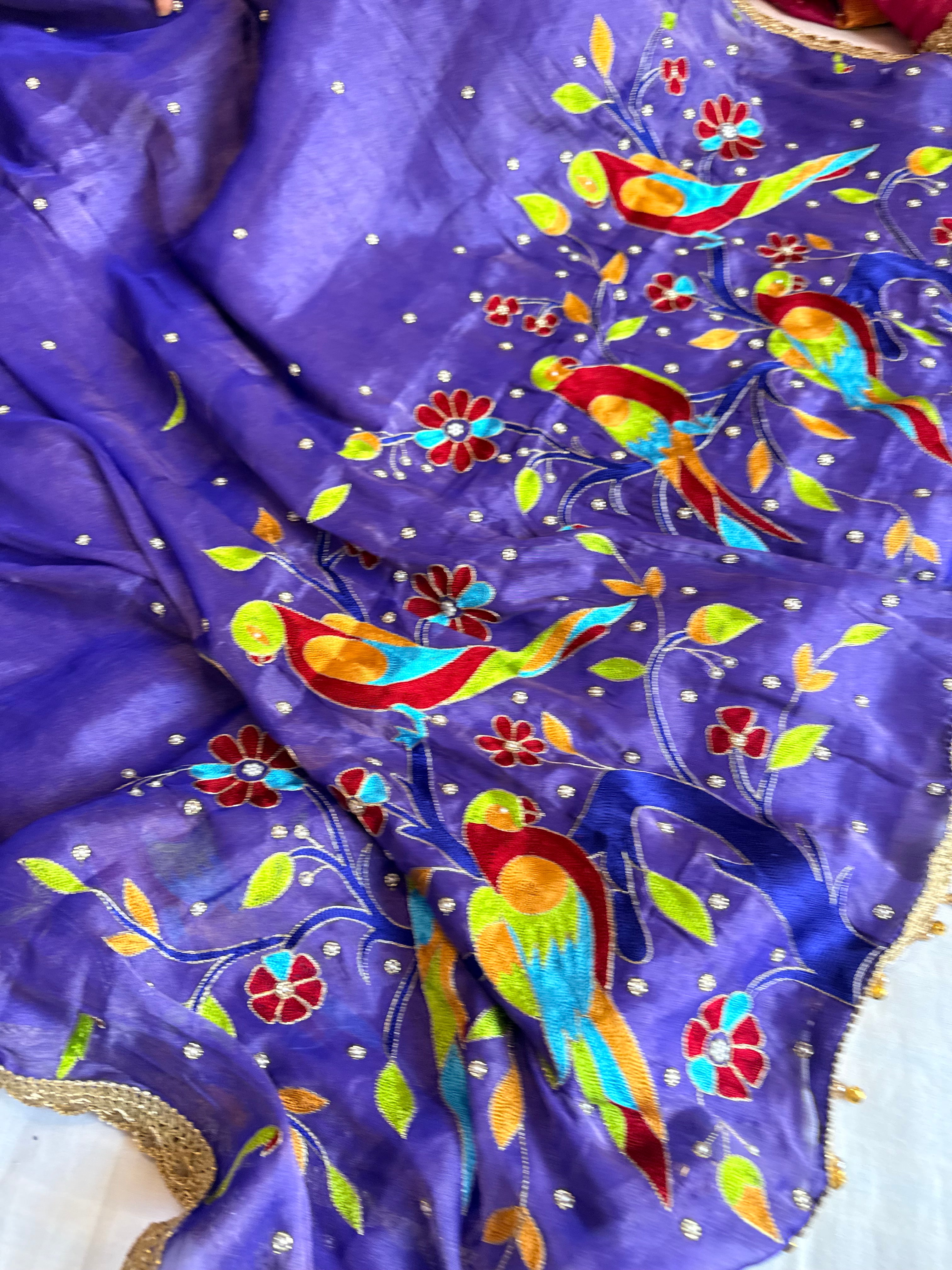 Ink purple tissue gorgette paithani meenakari hand embroidered saree