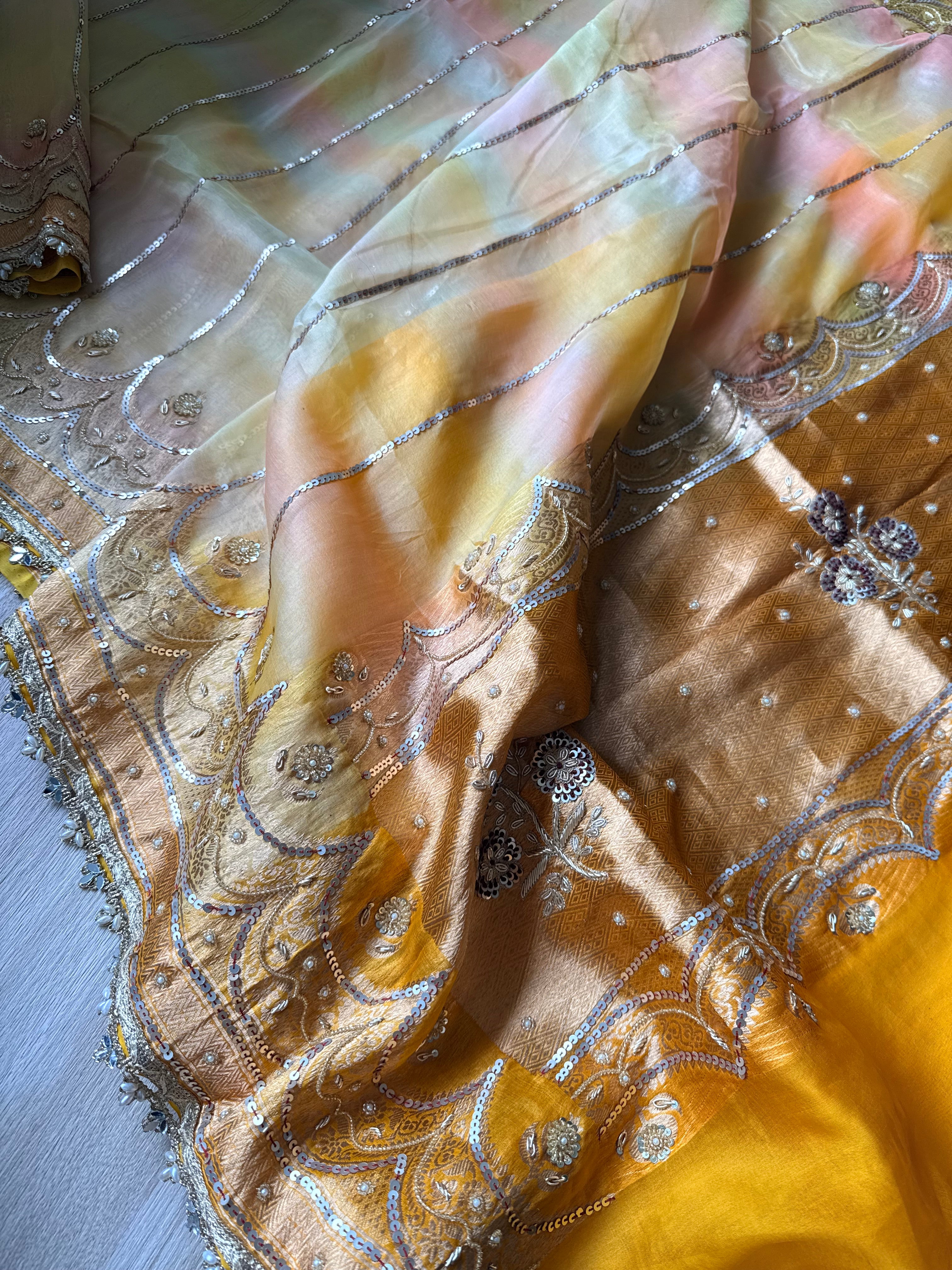 Rangbirangi 2.0 kora silk hand embroidered kadhwa weaving banarasi saree