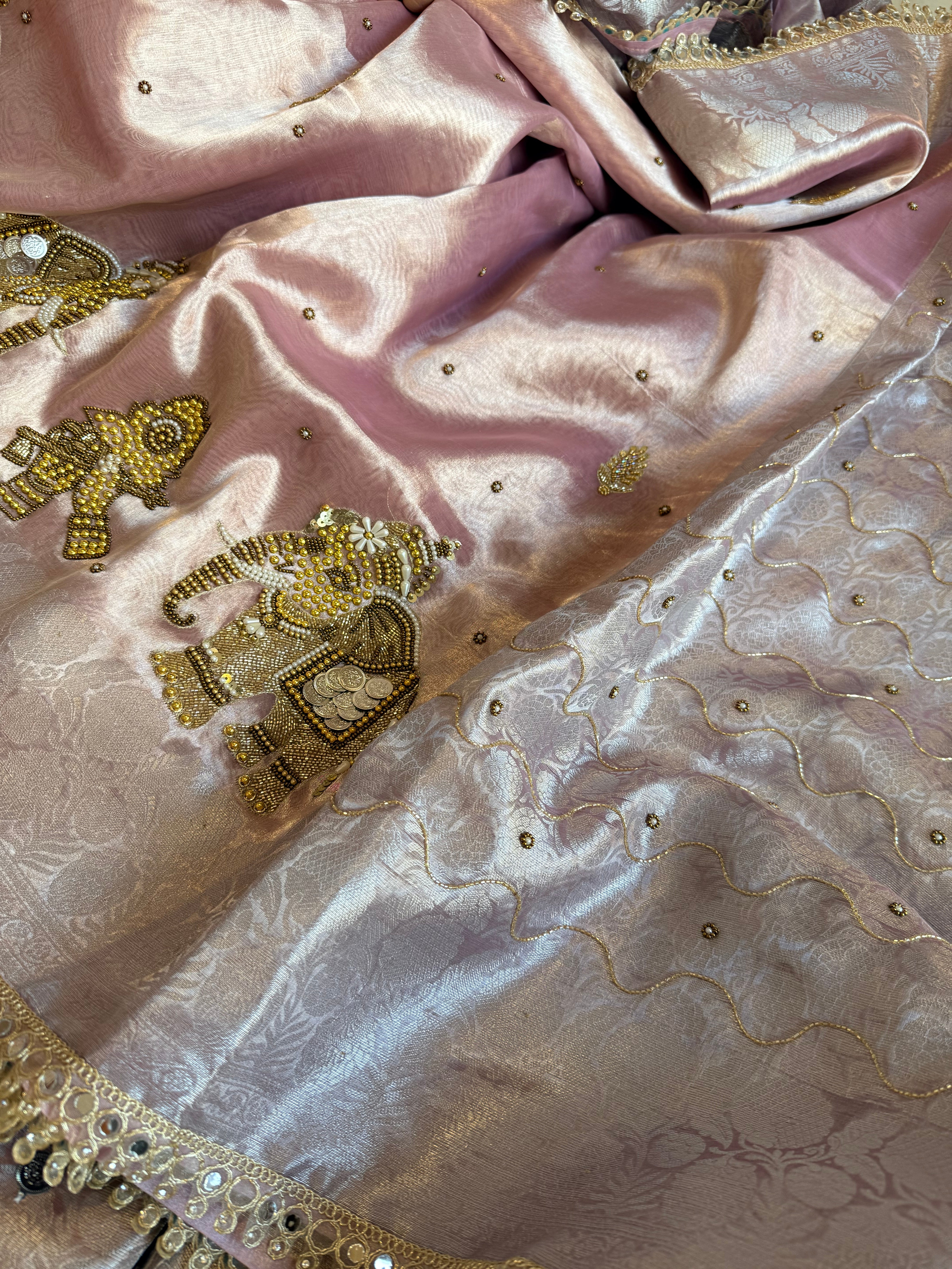 Gulabi jadau saree - Rosy pink tissue silk jadau work hand embroidered saree