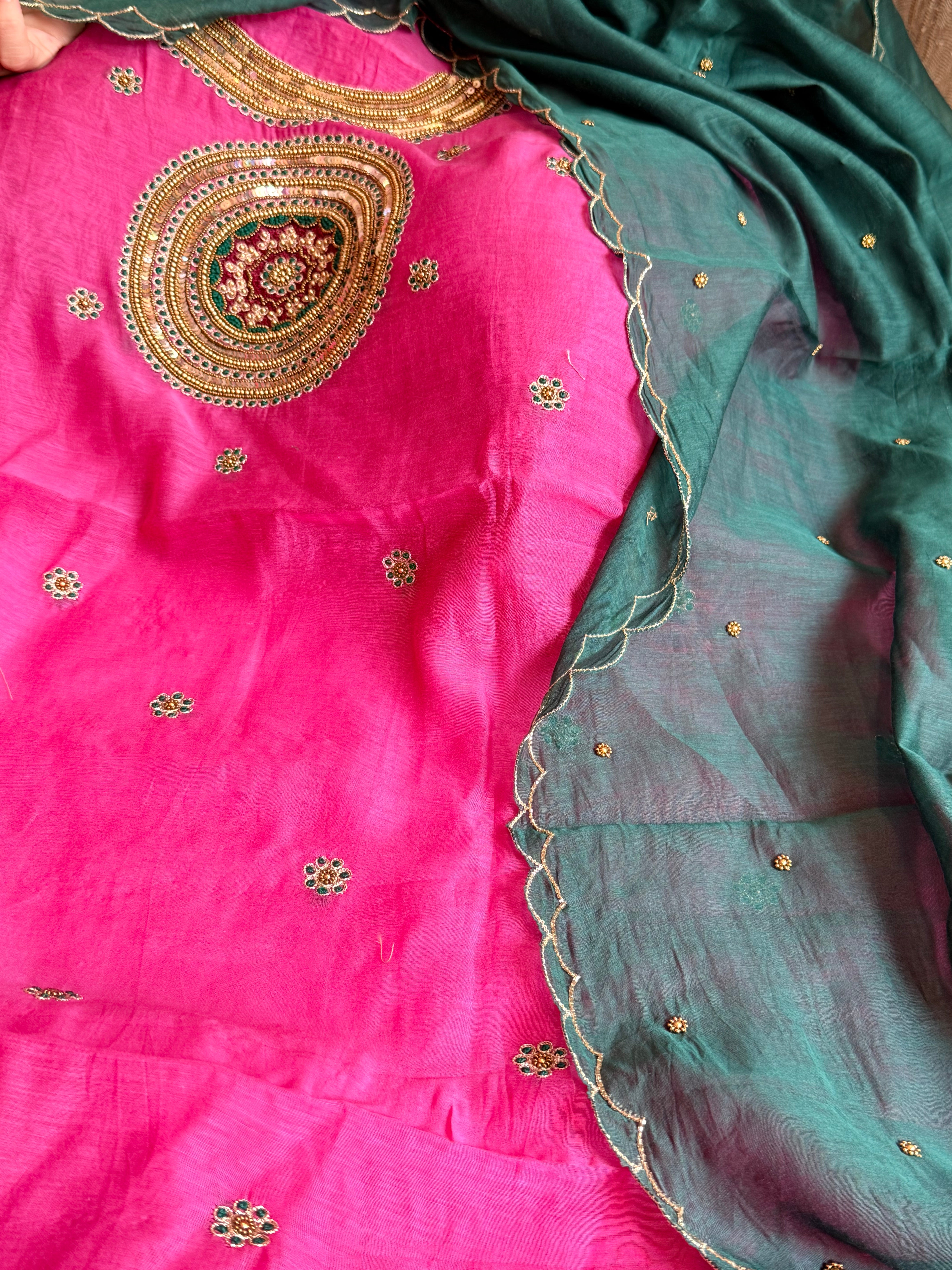 Mul cotton mandala inspired hand embroidered kadhwa suit set