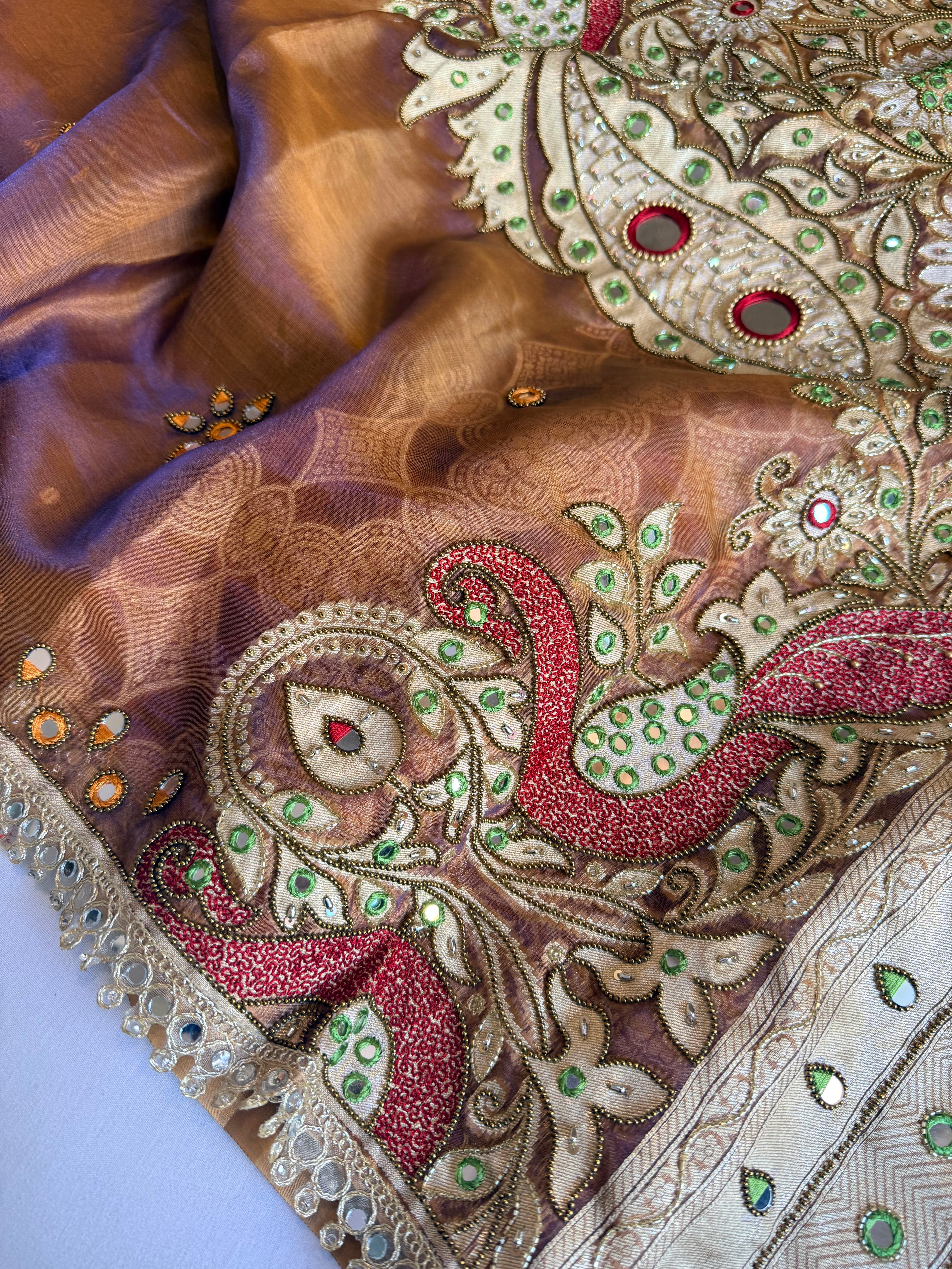 Dhup chao effect tissue silk mirrorwork hand embroidered Paithani pallu kadhwa saree