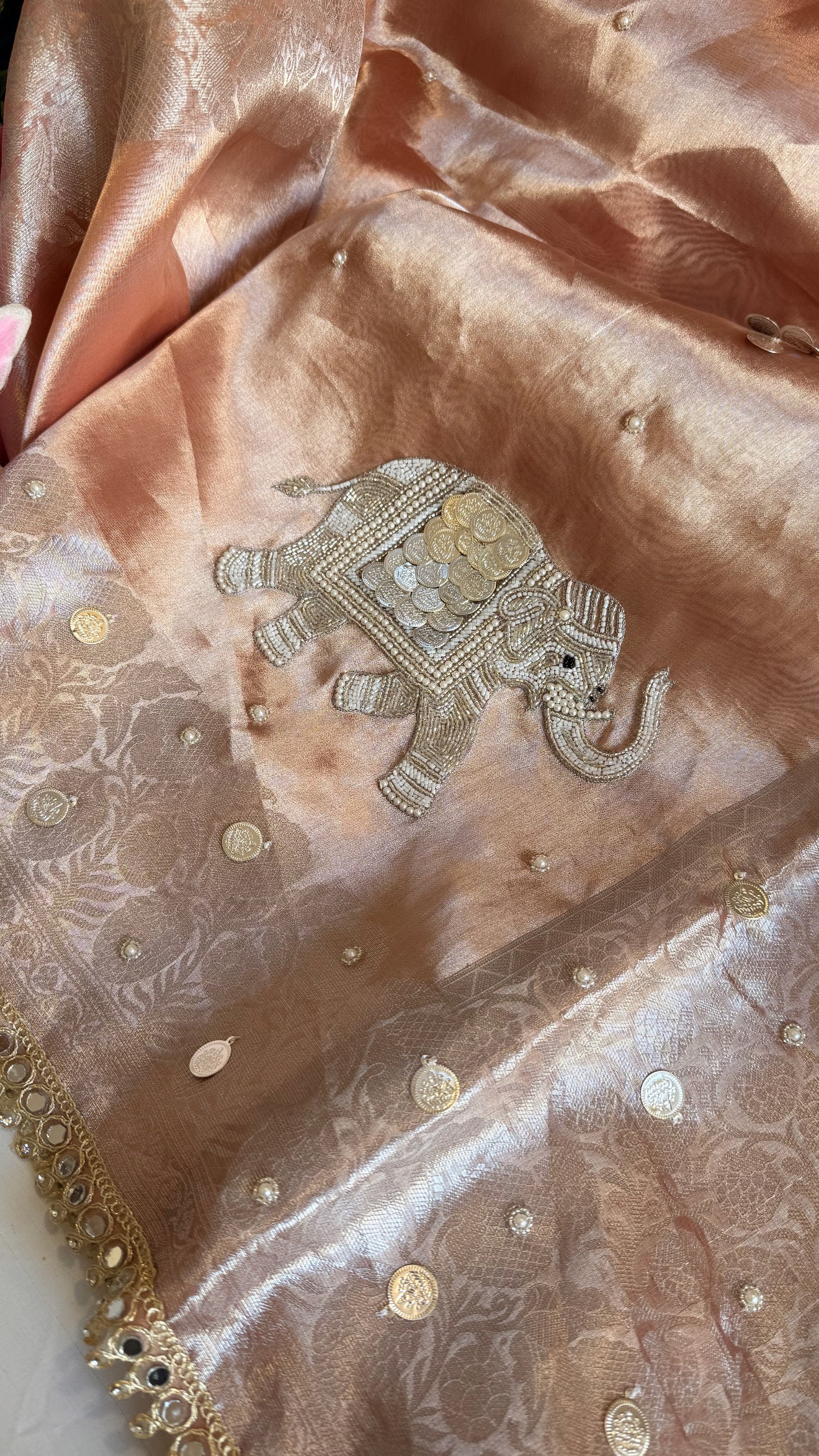 Gulabi jadau edit - Blush pinkish peach tissue silk jadau work hand embroidered saree