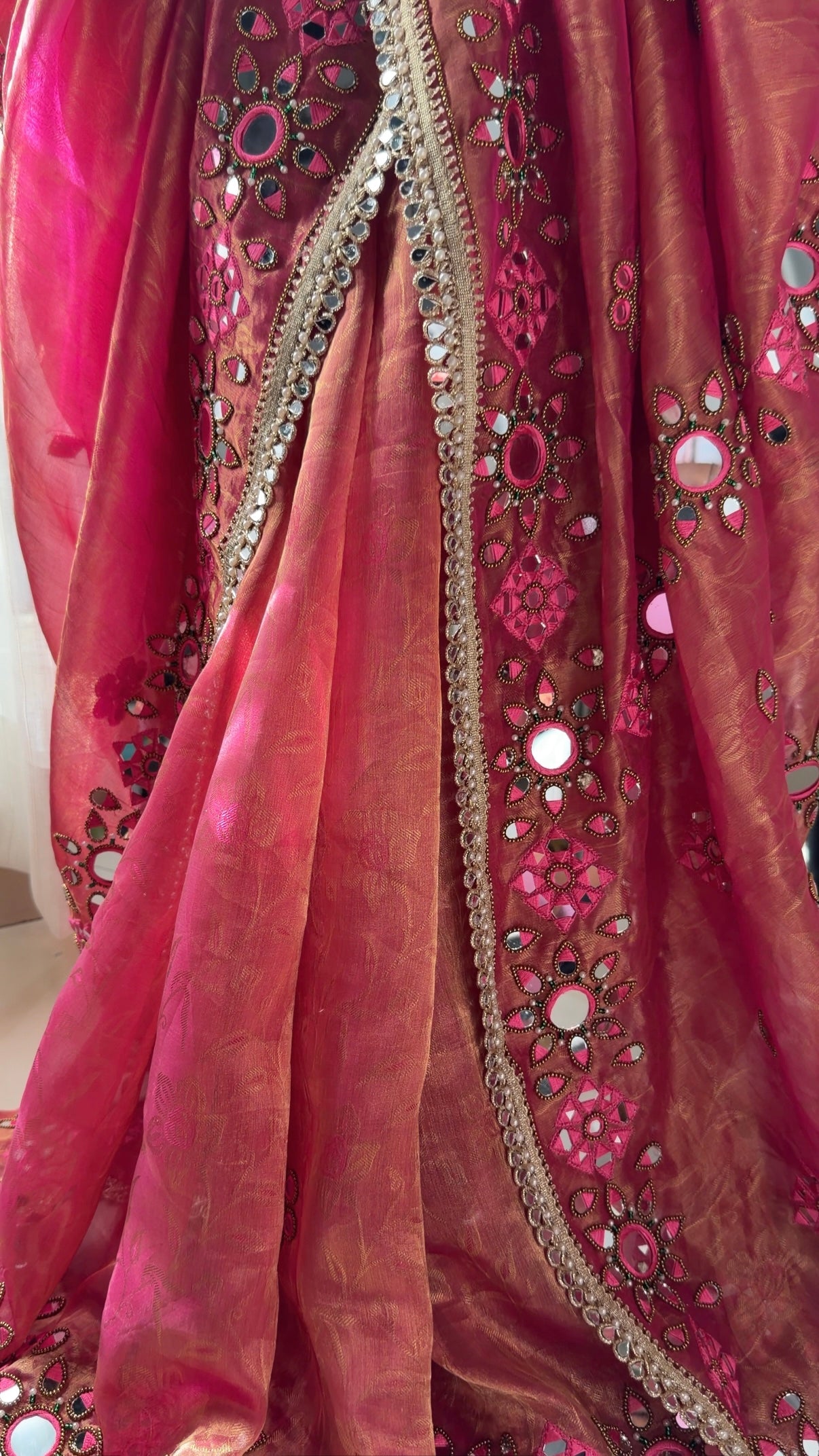 Desi barbie pink tissue tanchoi mirrorwork banarasi kadhwa saree