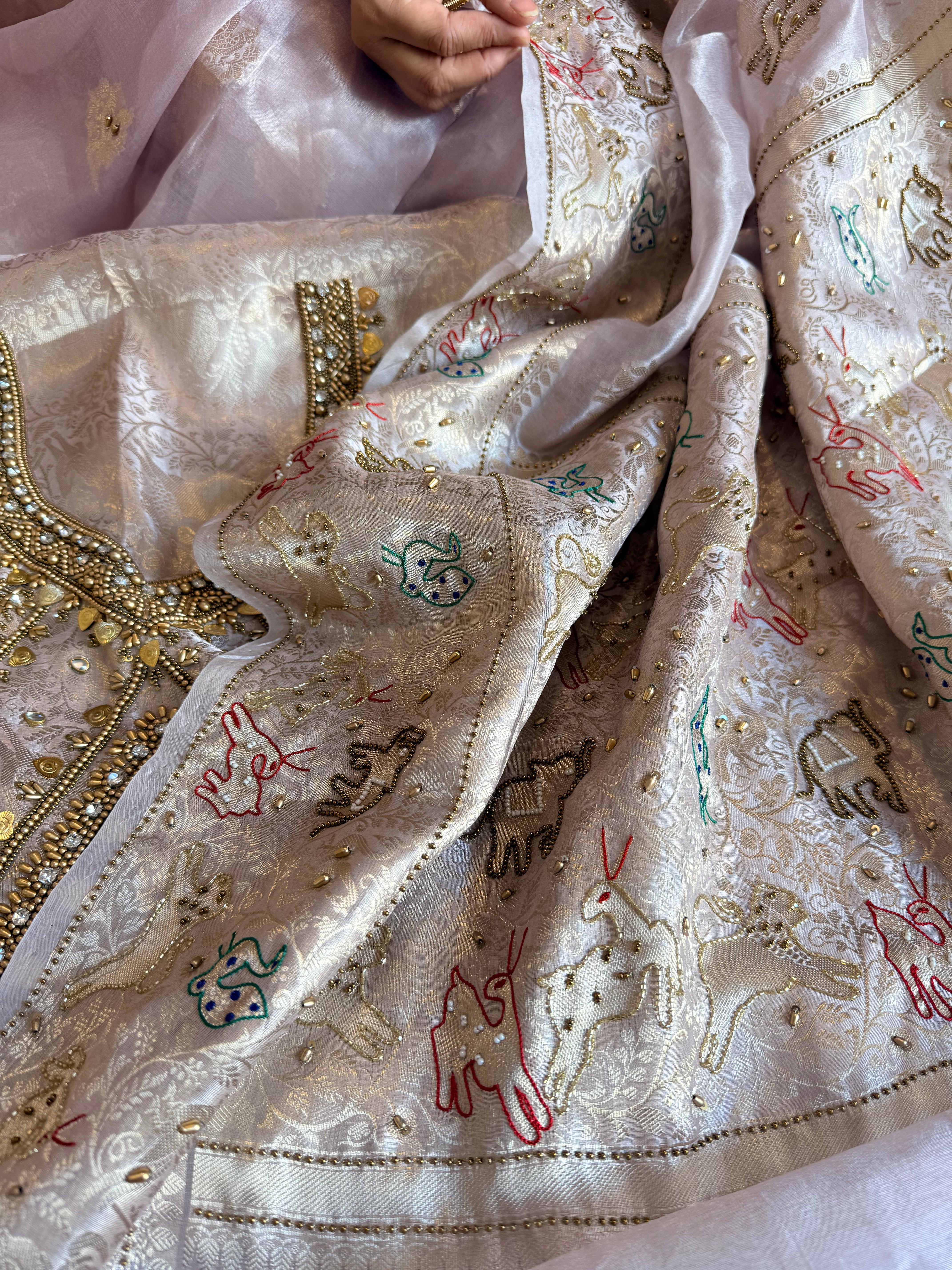 Vrindavan edit saree - Nude lilac diamond tissue silk hand embroidered jadau work saree