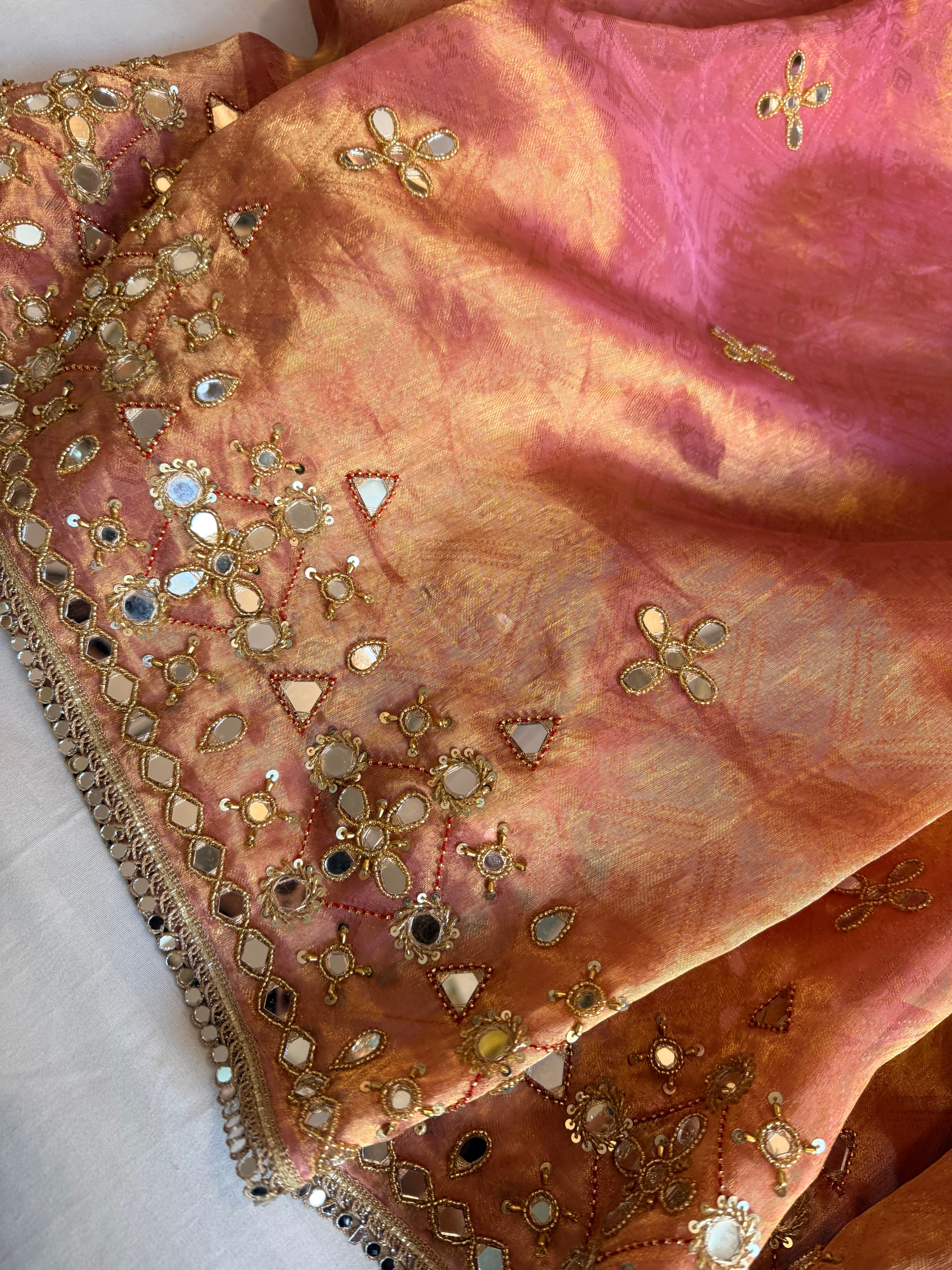 Dhup chao effect gulabi pink tanchui tissue silk mirrorwork hand embroidered kadhwa saree