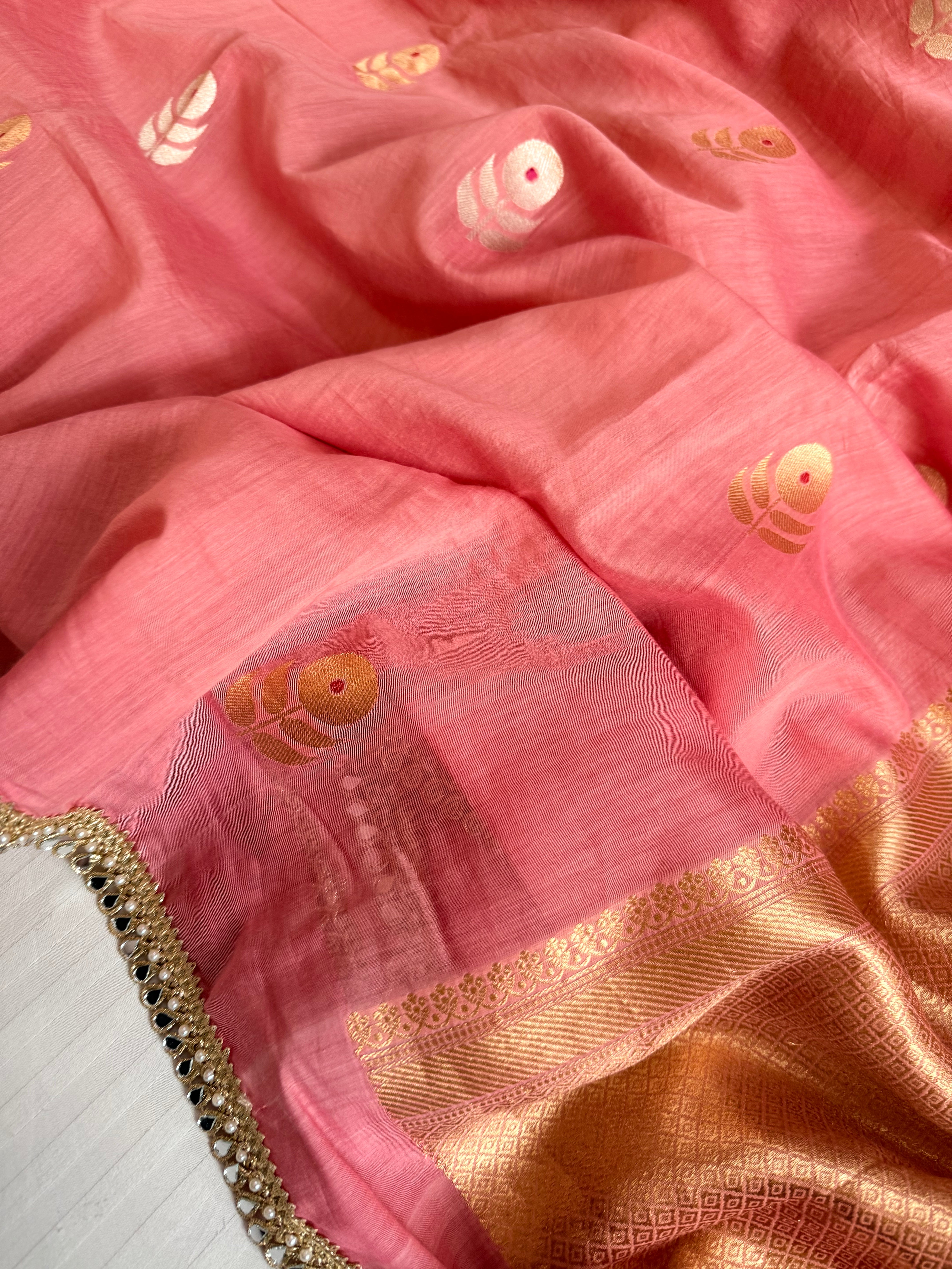Handloom mulmul cotton silk saree with lampi gota border
