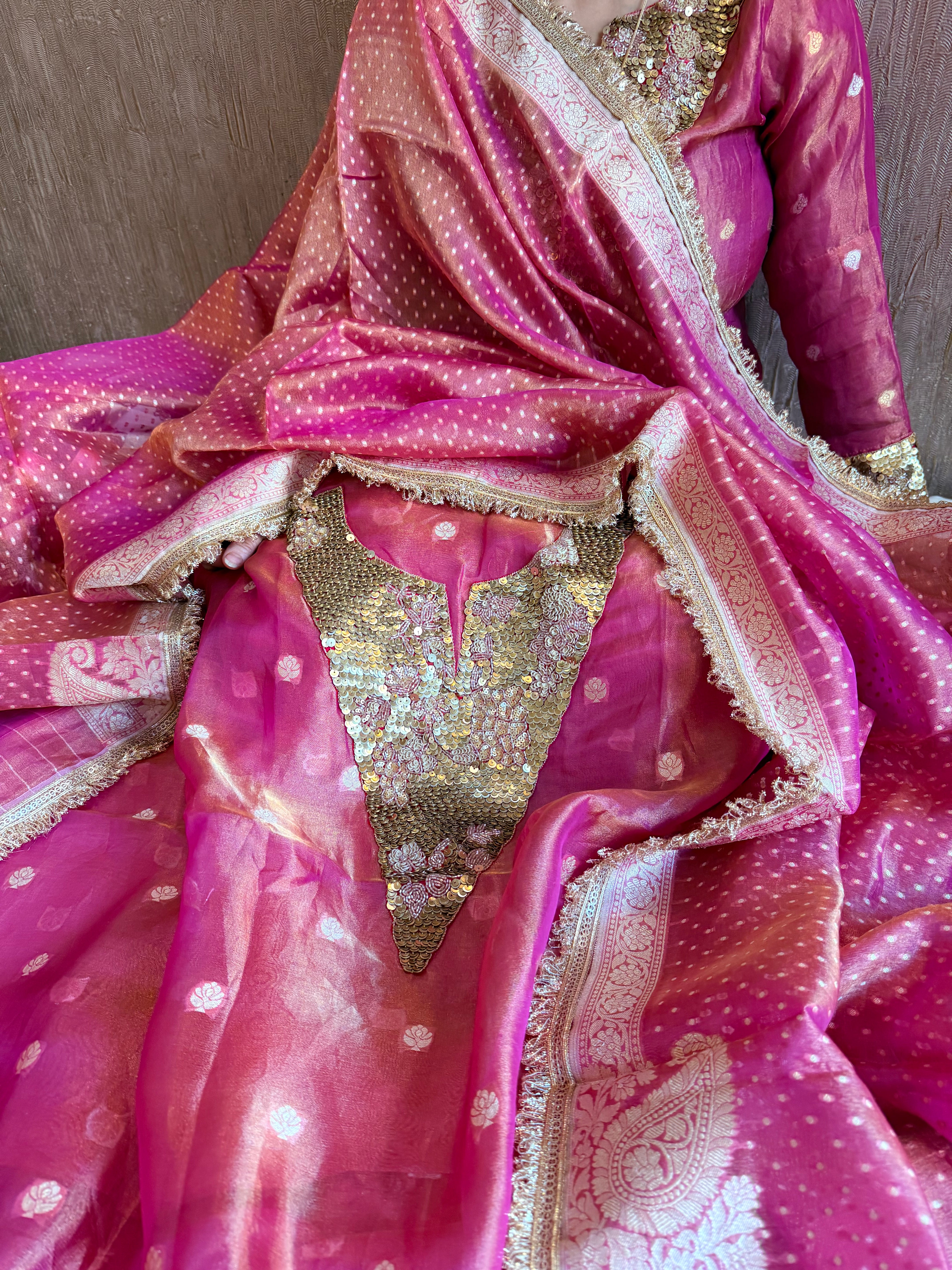 Karwachauth edit tissue silk sequins work hand embroidered suits