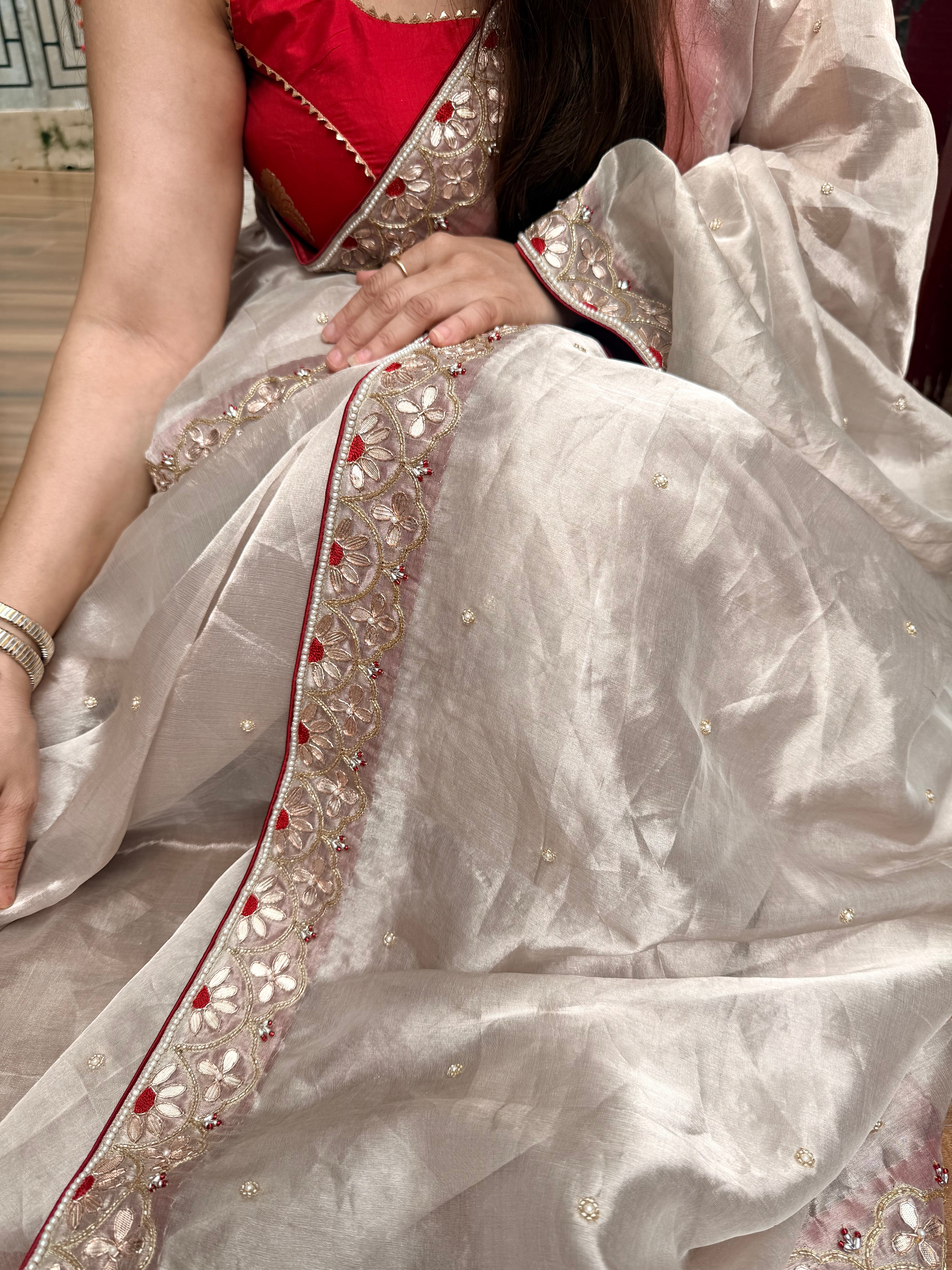 Tyohaar edit - Diamond tissue silk mirror and zardozi work hand embroidered saree