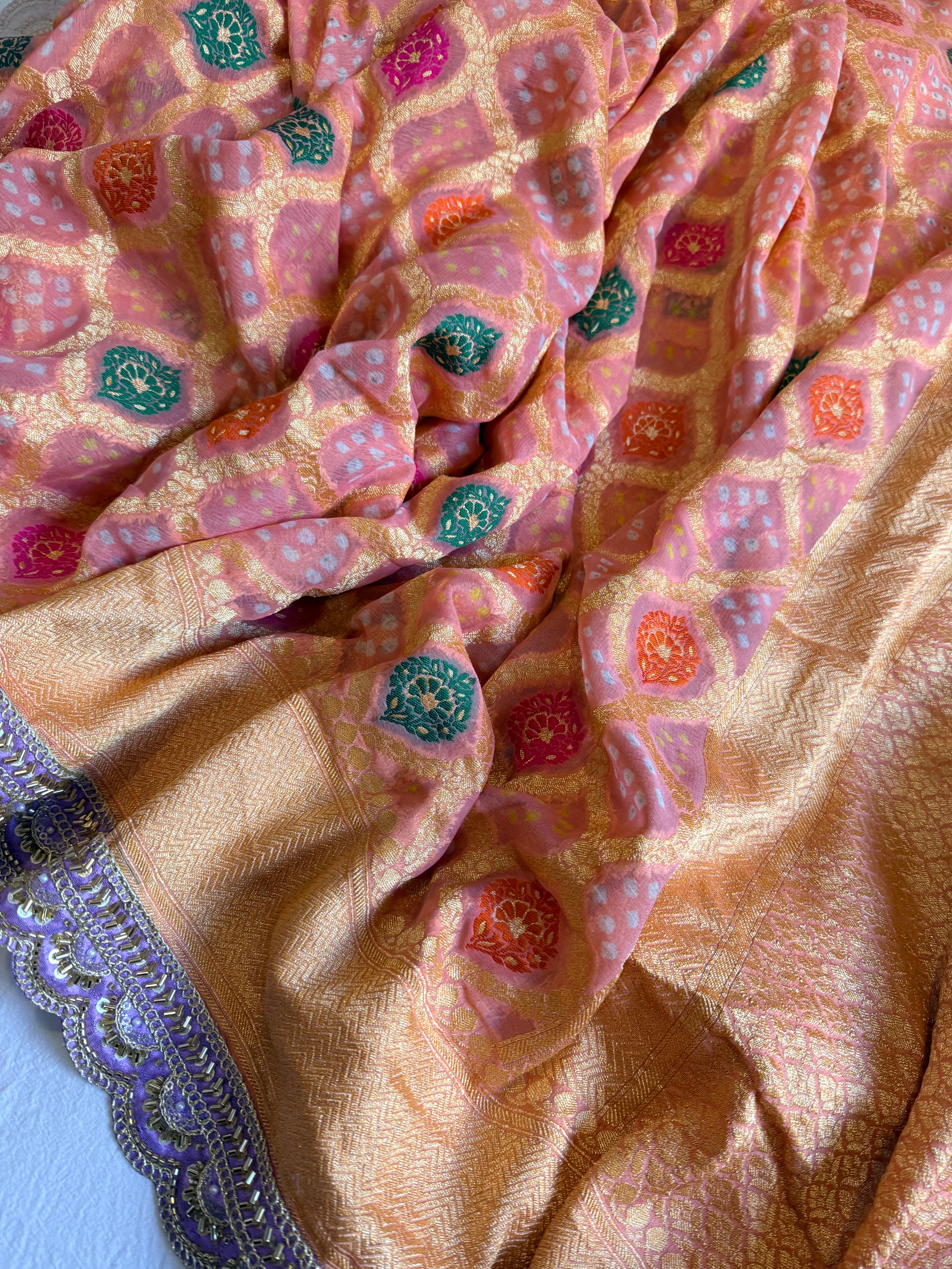 Banarasi blush shades of chiffon rai bandhej mirror work gotapatti saree