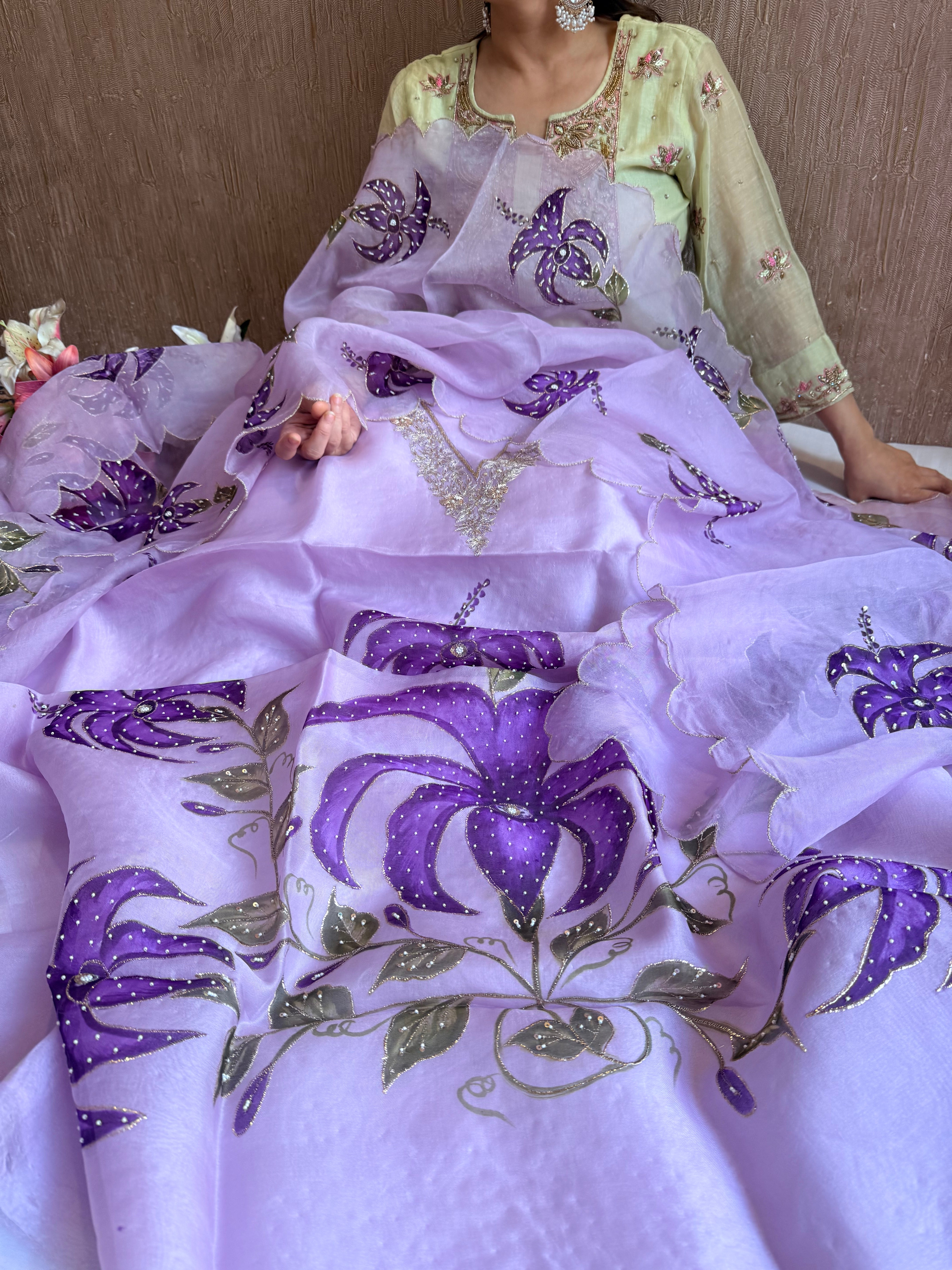 Banarasi Kora silk hand embroidered floral printed suit set