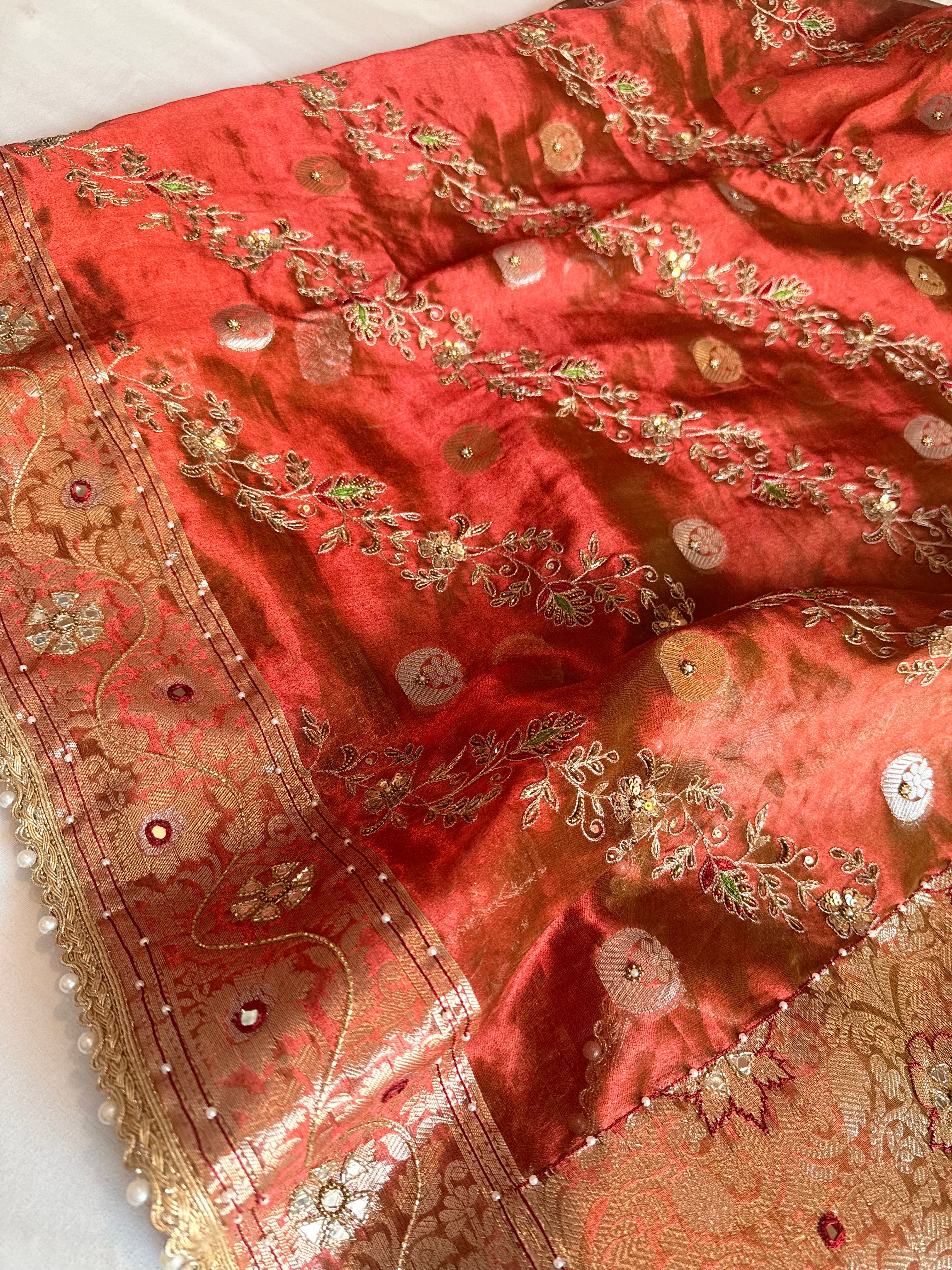 Maharani chand buta kadhwa tissue silk hand embroidered saree duppata set