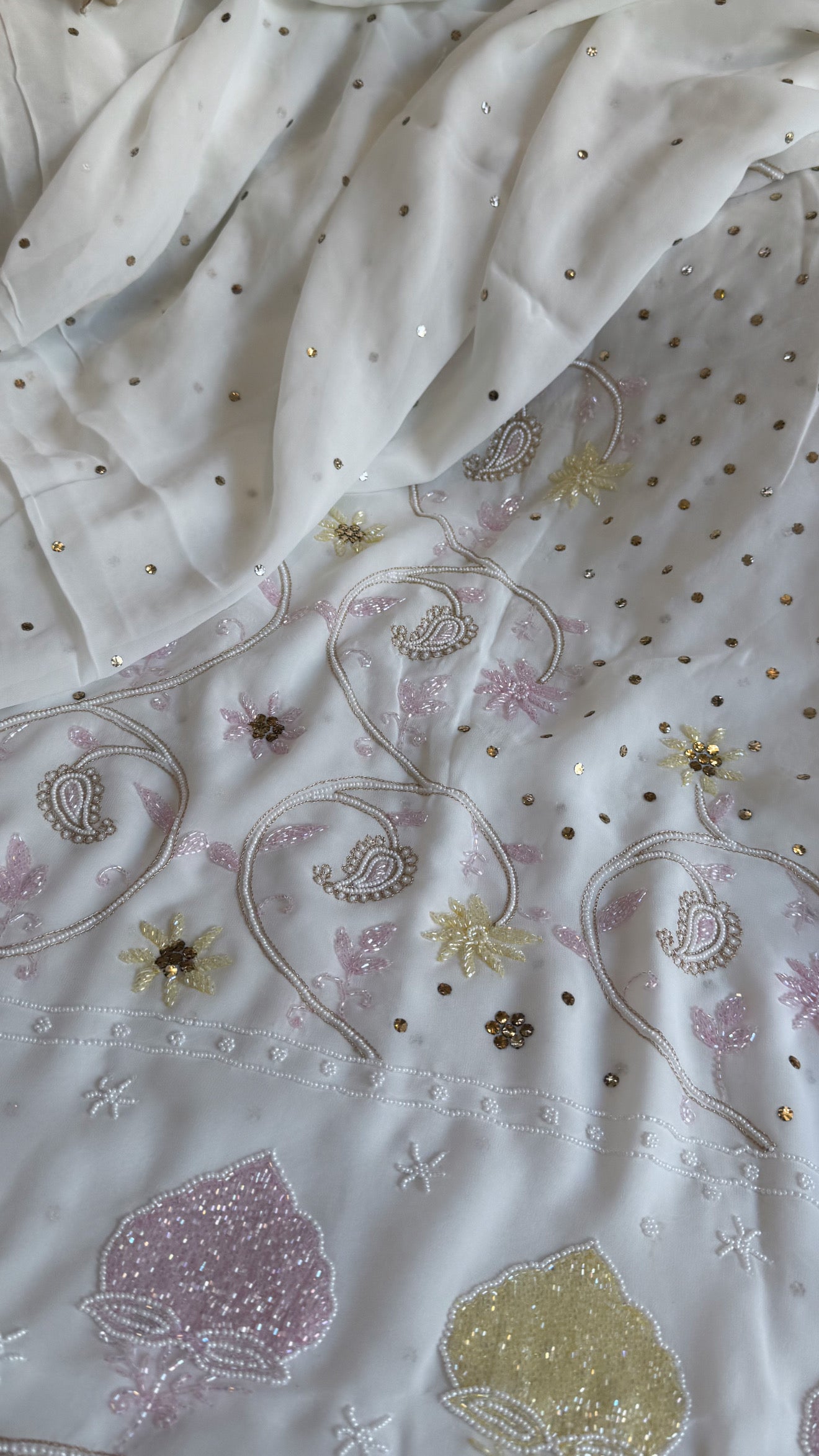 Banarasi gorgette mukaish and pearlwork hand embroidered kadhwa suit sets