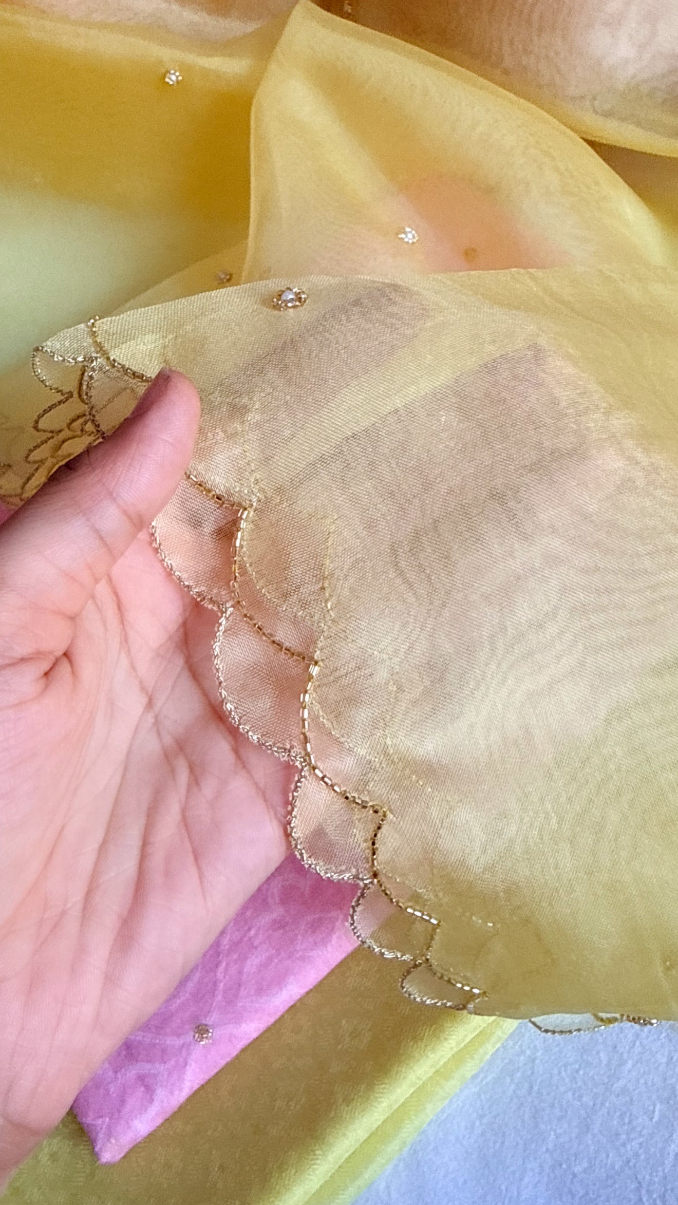 Summer suits under 8k - Mul cotton blush pink kurta paired with lime scalloped kora silk duppata