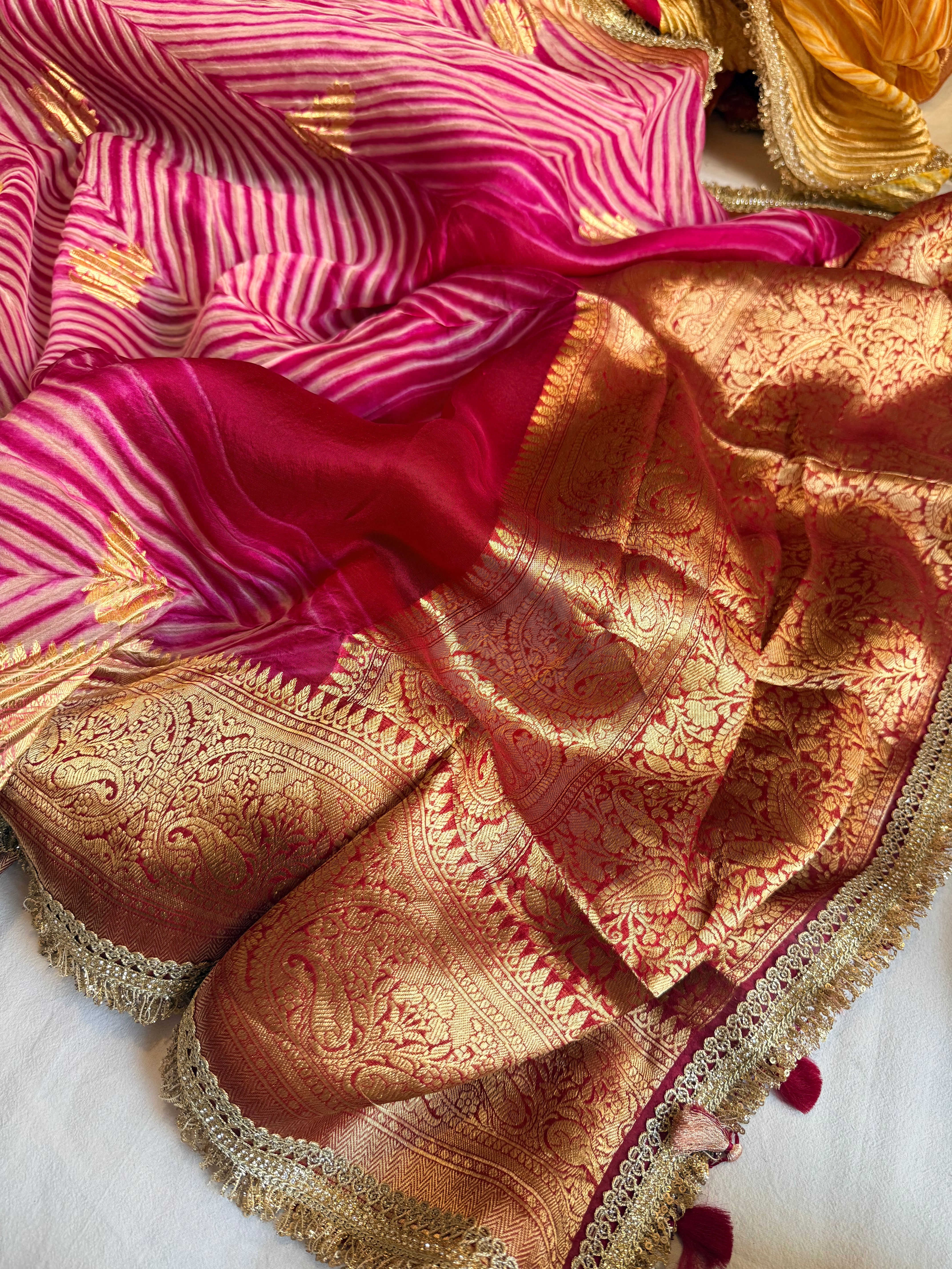 Hot pink banarasi kora silk arshi dyed kadhwa saree