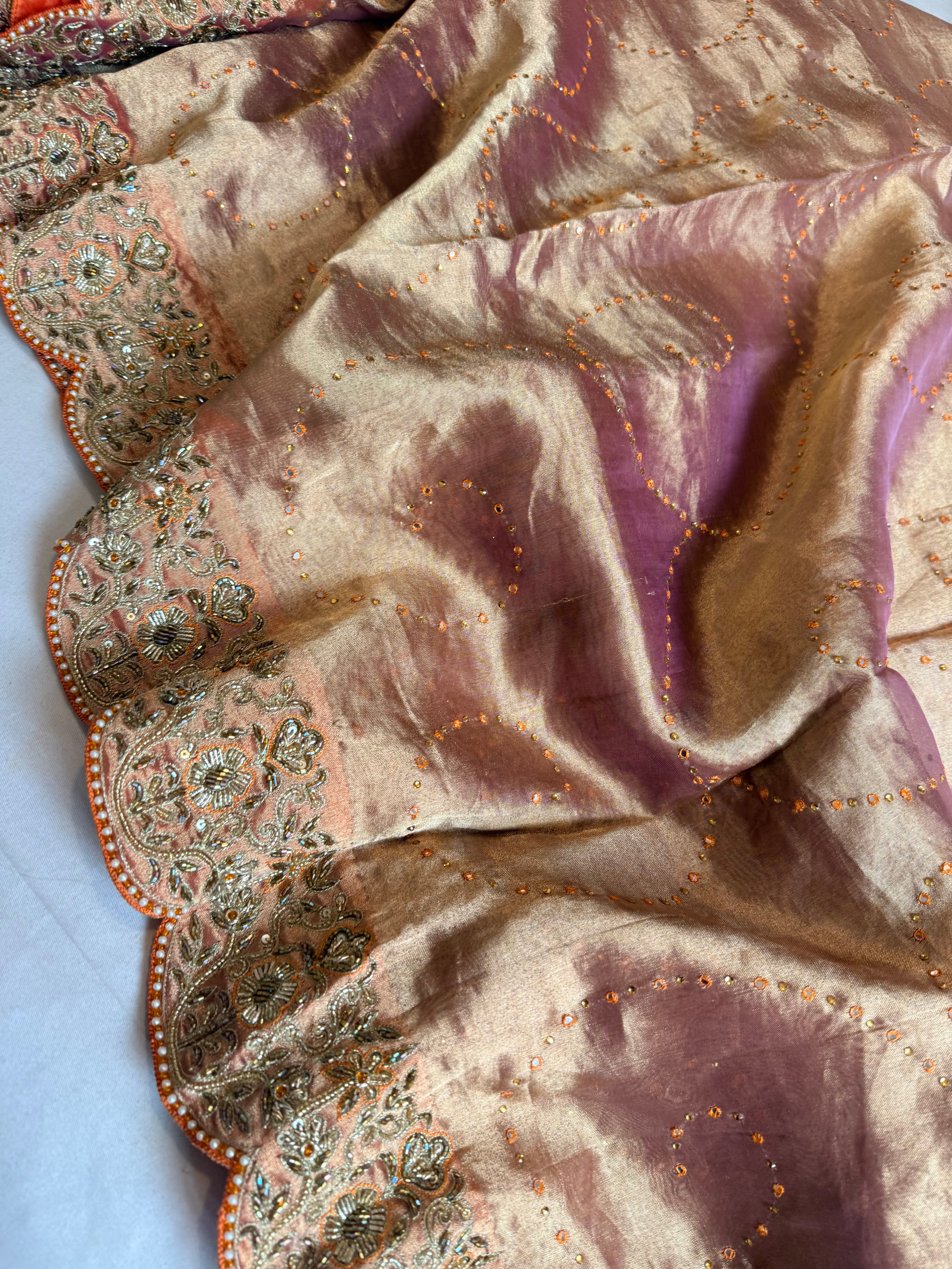 Dulhan wali saree edit lotus pink tissue silk hand embroidered saree