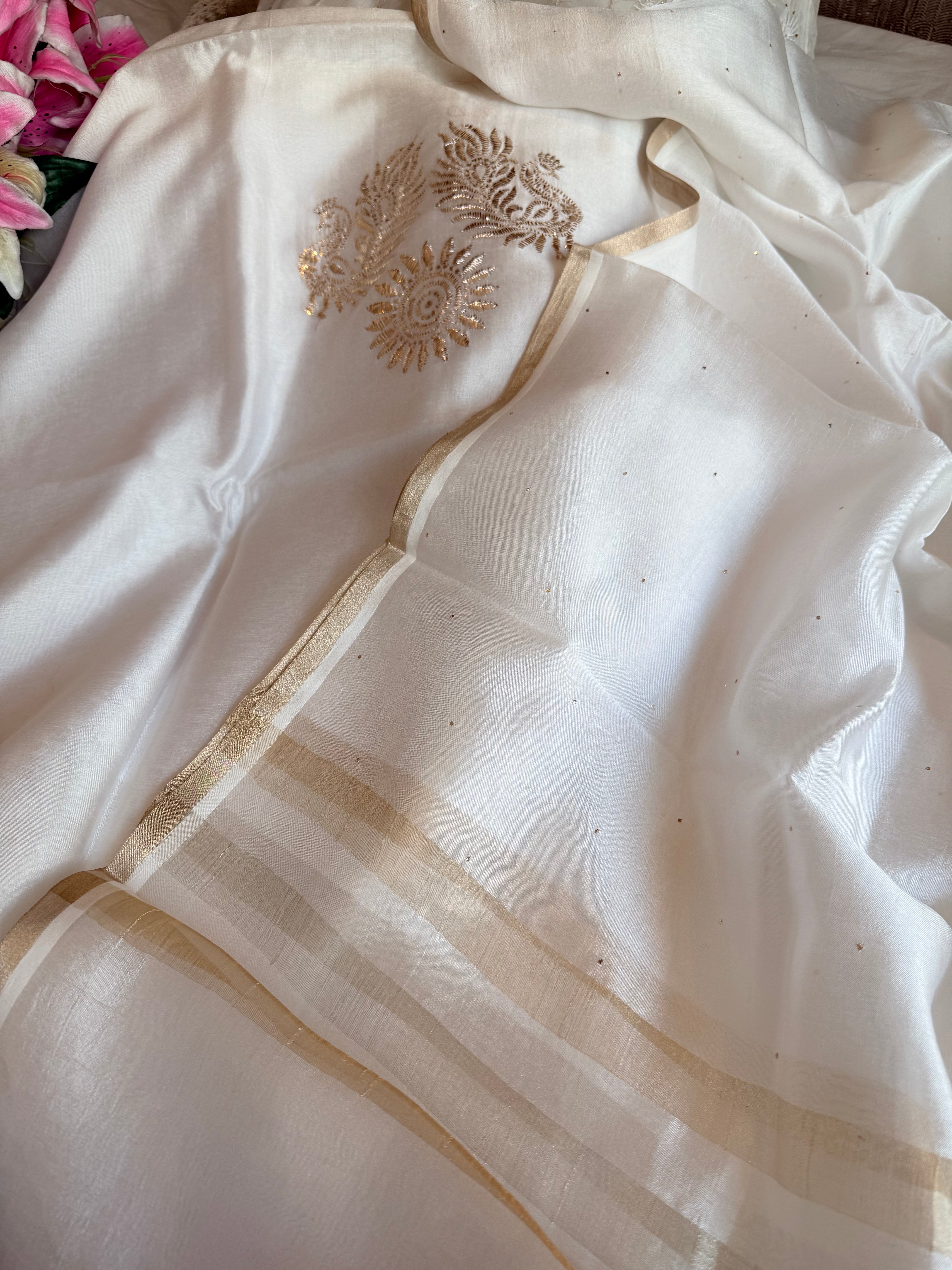 Pearl white spun chiniya silk mukaish hand embroidered suit sets