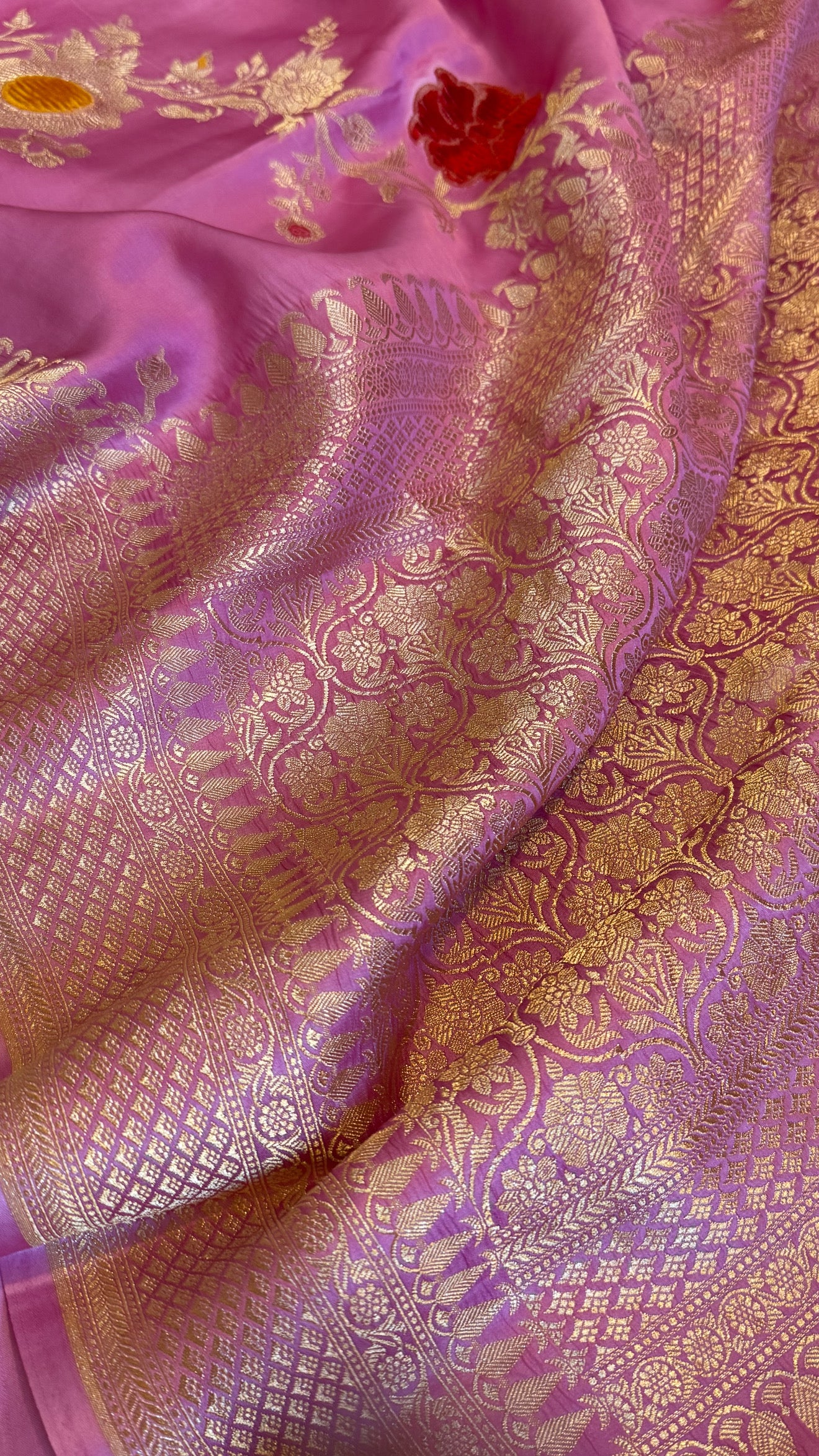 Blush pink banarasi mashru silk velvet buti kadhwa weaving saree