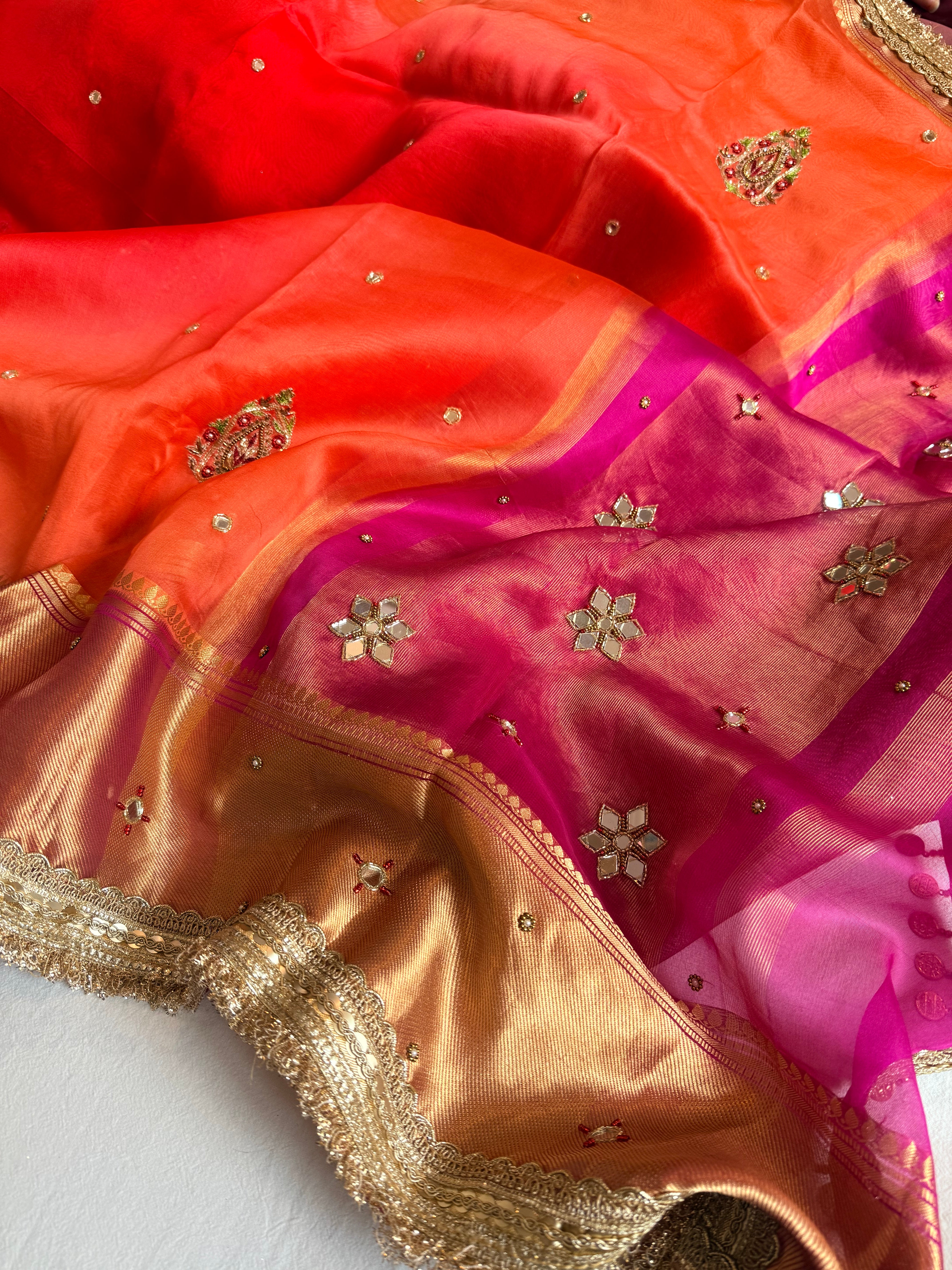 Husn ganga jamuna contrast border kora silk hand embroidered saree