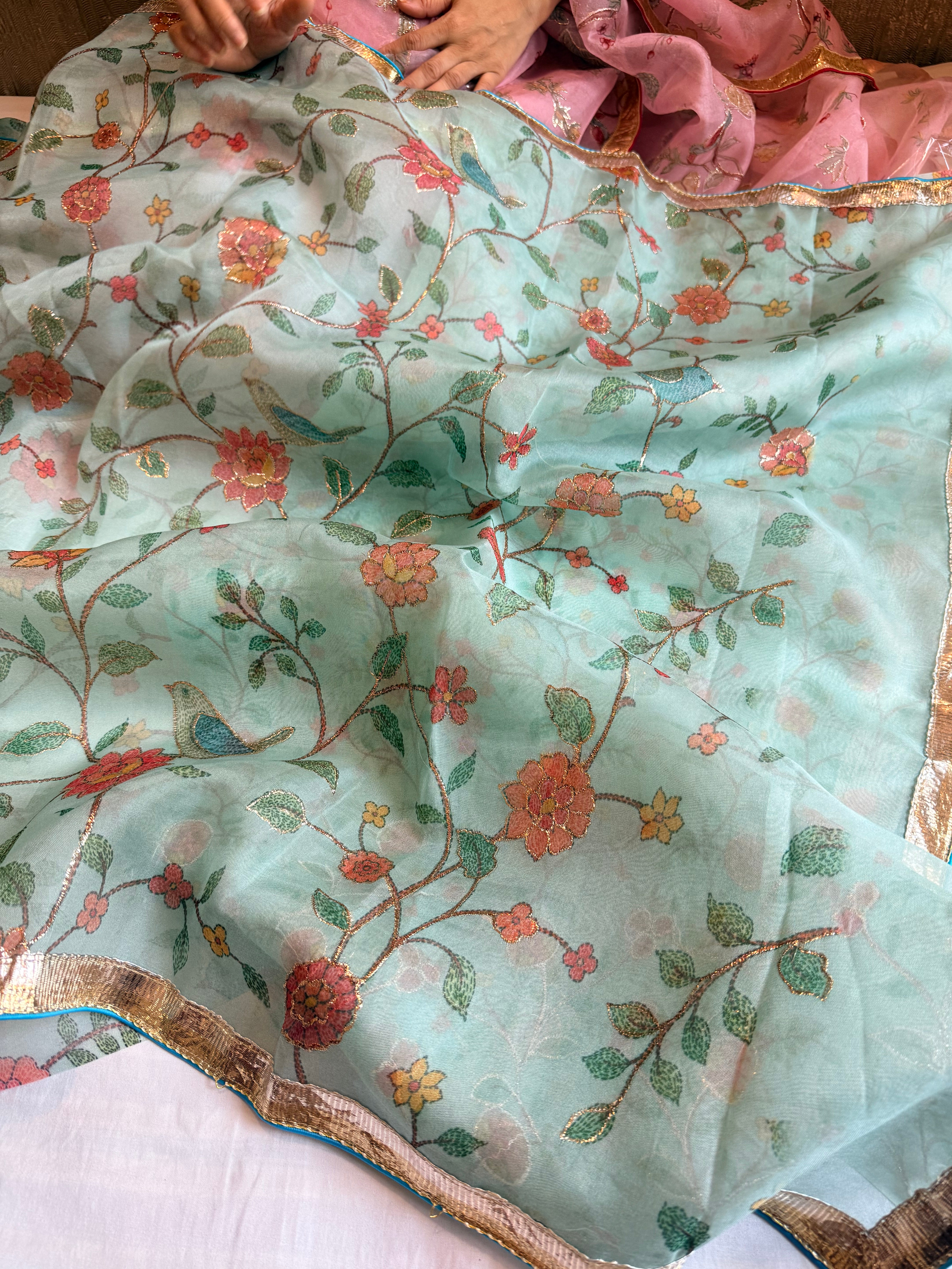 Kora silk printed lampi gotapatti hand embroidered saree