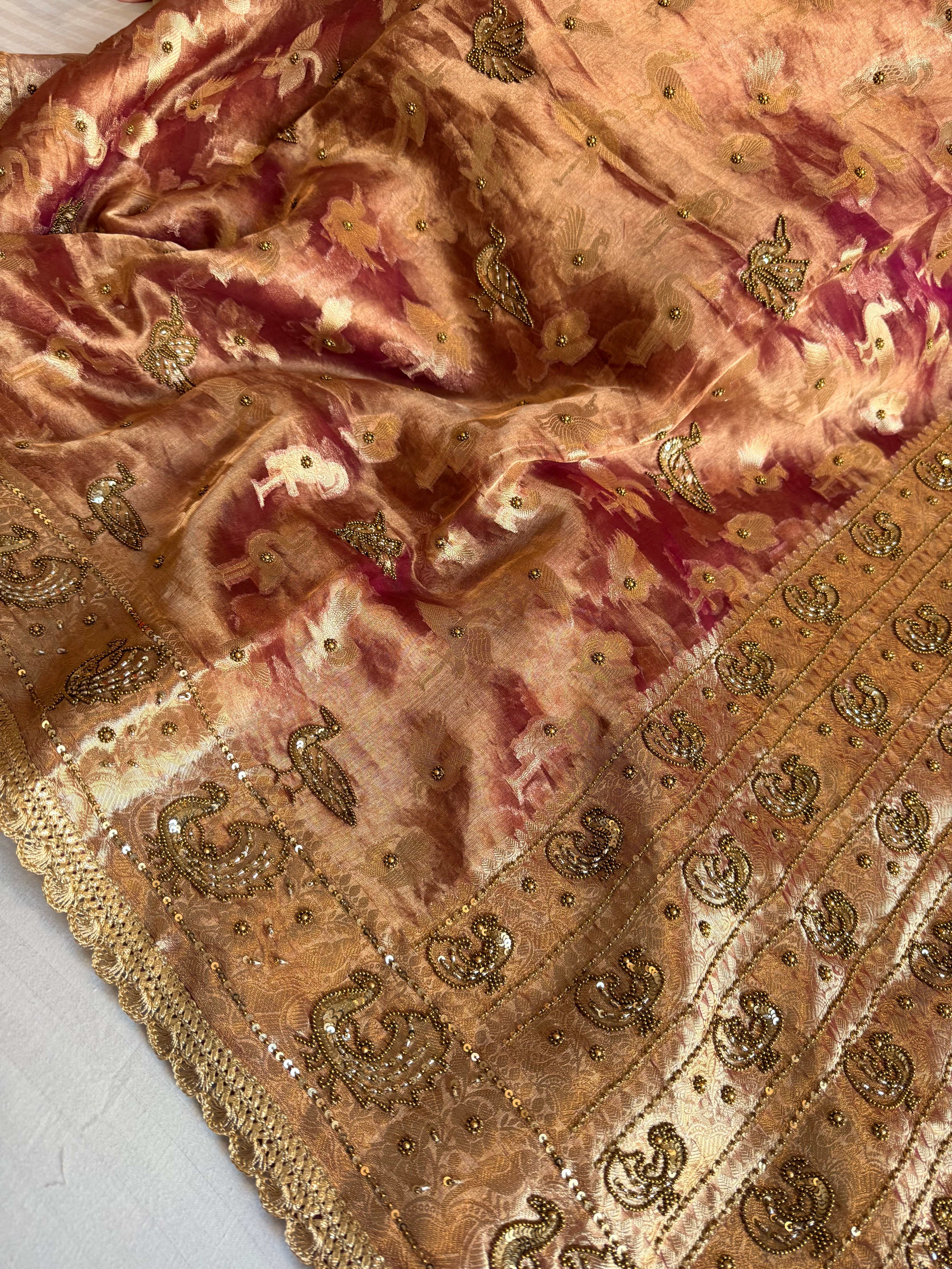 Chiraiya wali saree - Magenta purple tissue silk figure motif weaving and hand embroidered saree