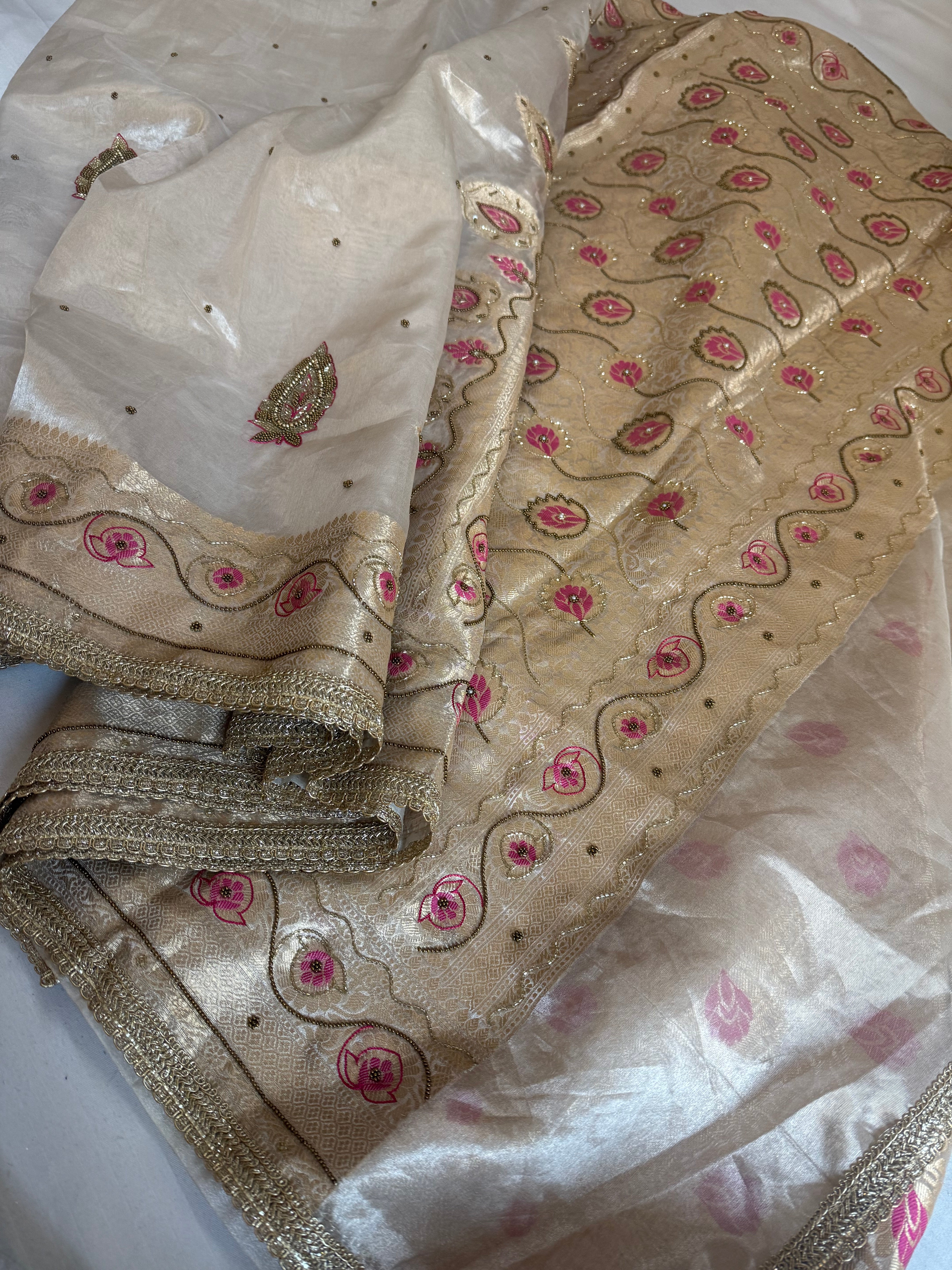 Moonlight silver diamond tissue silk kadhwa meenakari hand embroidered saree