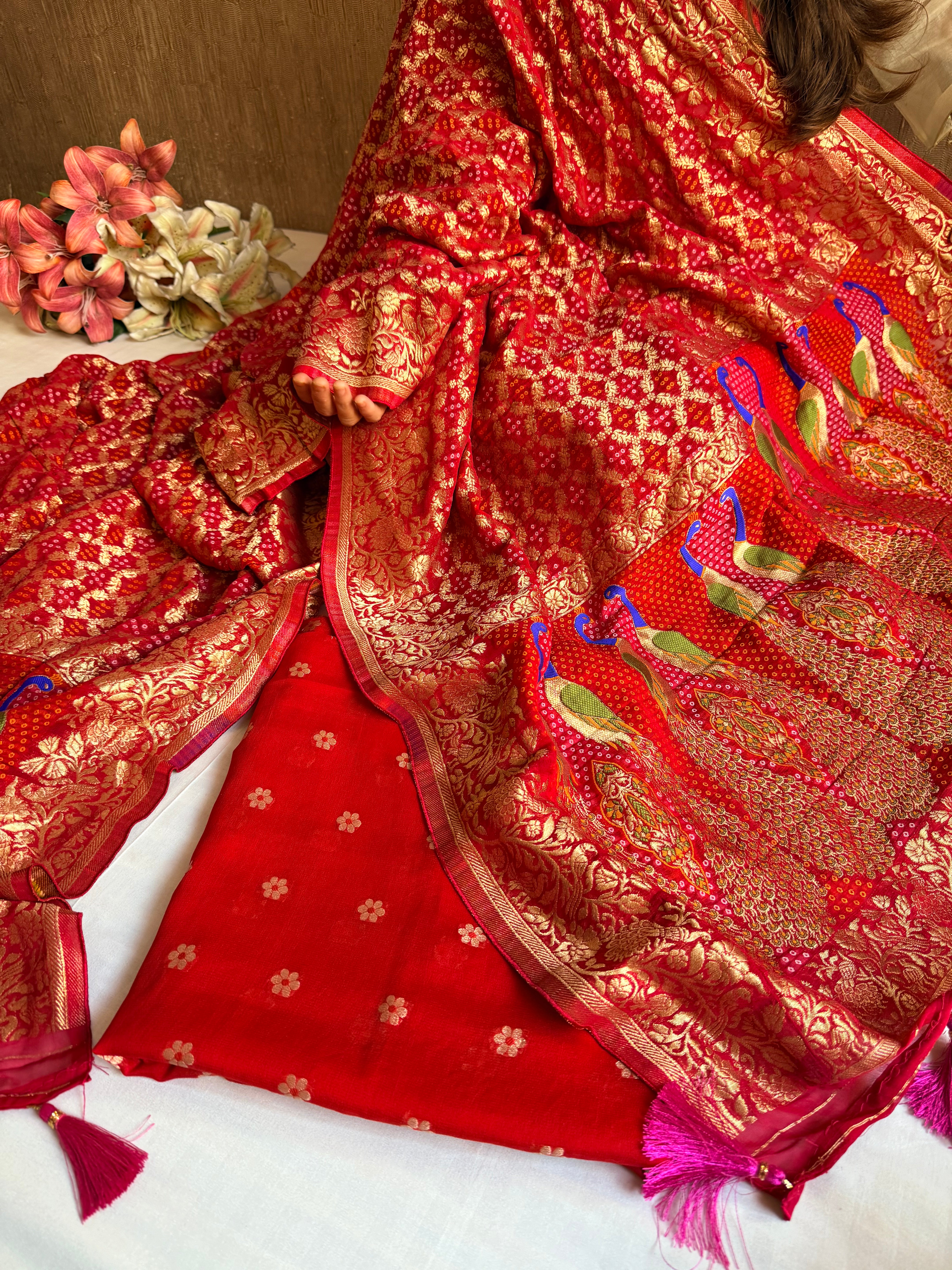 Banarasi rai bandhej peacock weaving gorgette kadhwa suits