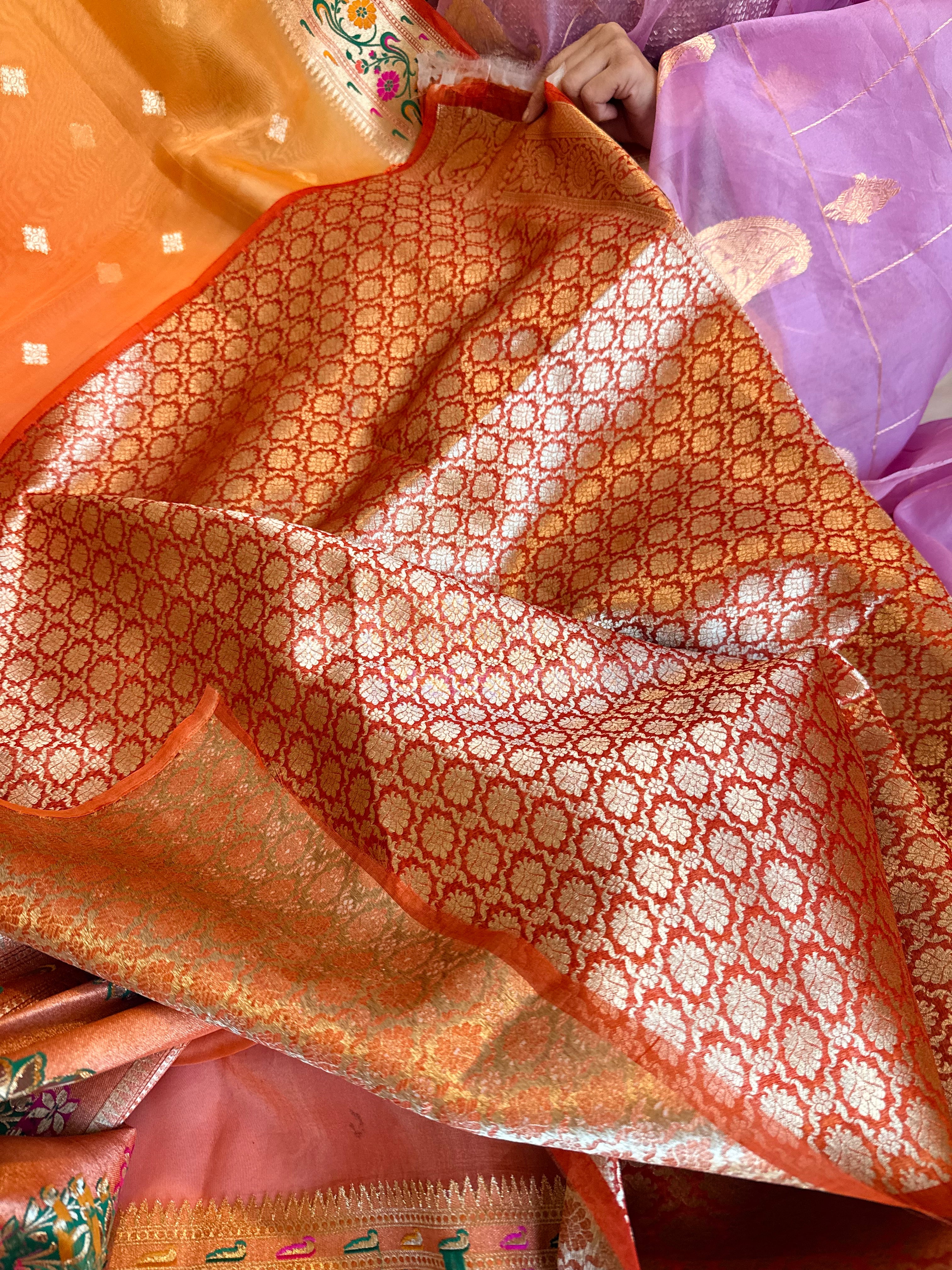 Fanta orange shaded paithani border kadhwa border handloom saree