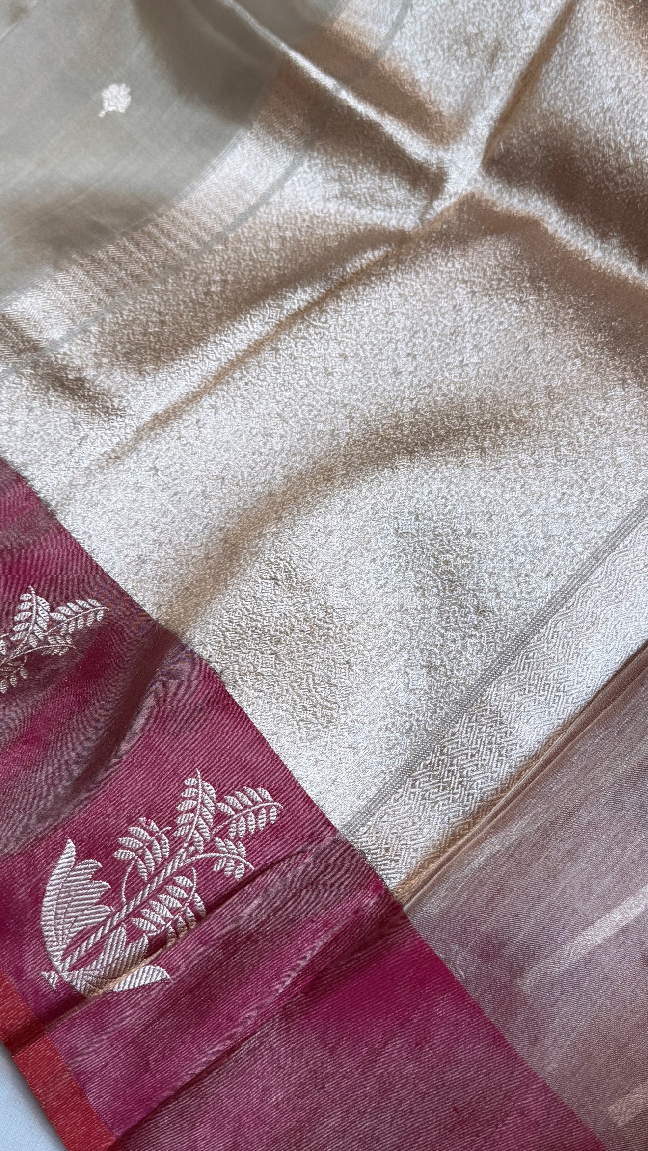 Katan tissue silver zari kadhwa buti saree with contrast border and blouse piece