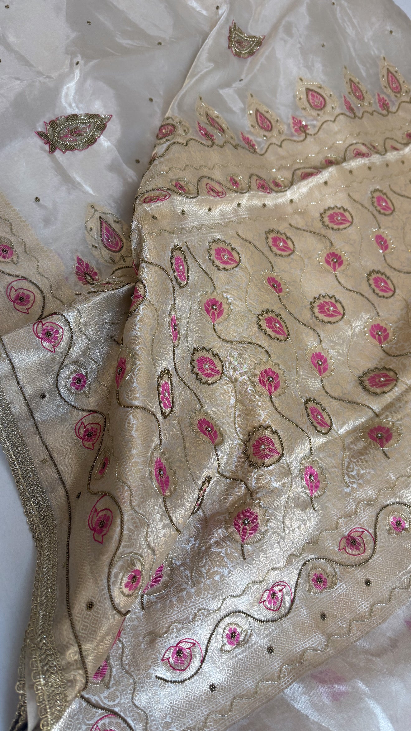 Moonlight silver diamond tissue silk kadhwa meenakari hand embroidered saree