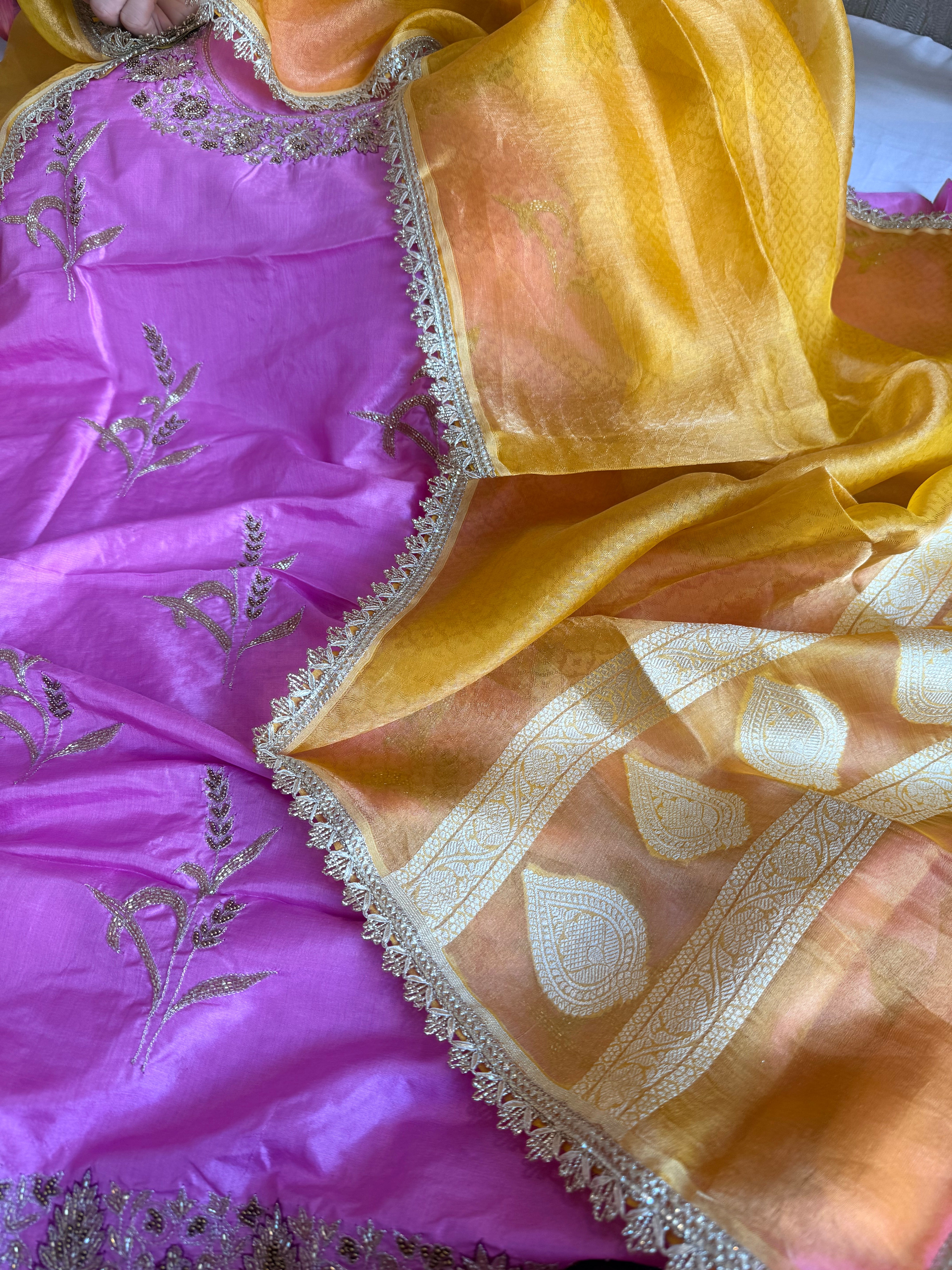 Barbie pink - haldi yellow chiniya silk kadhwa buta kurta paired with kora silk red duppata