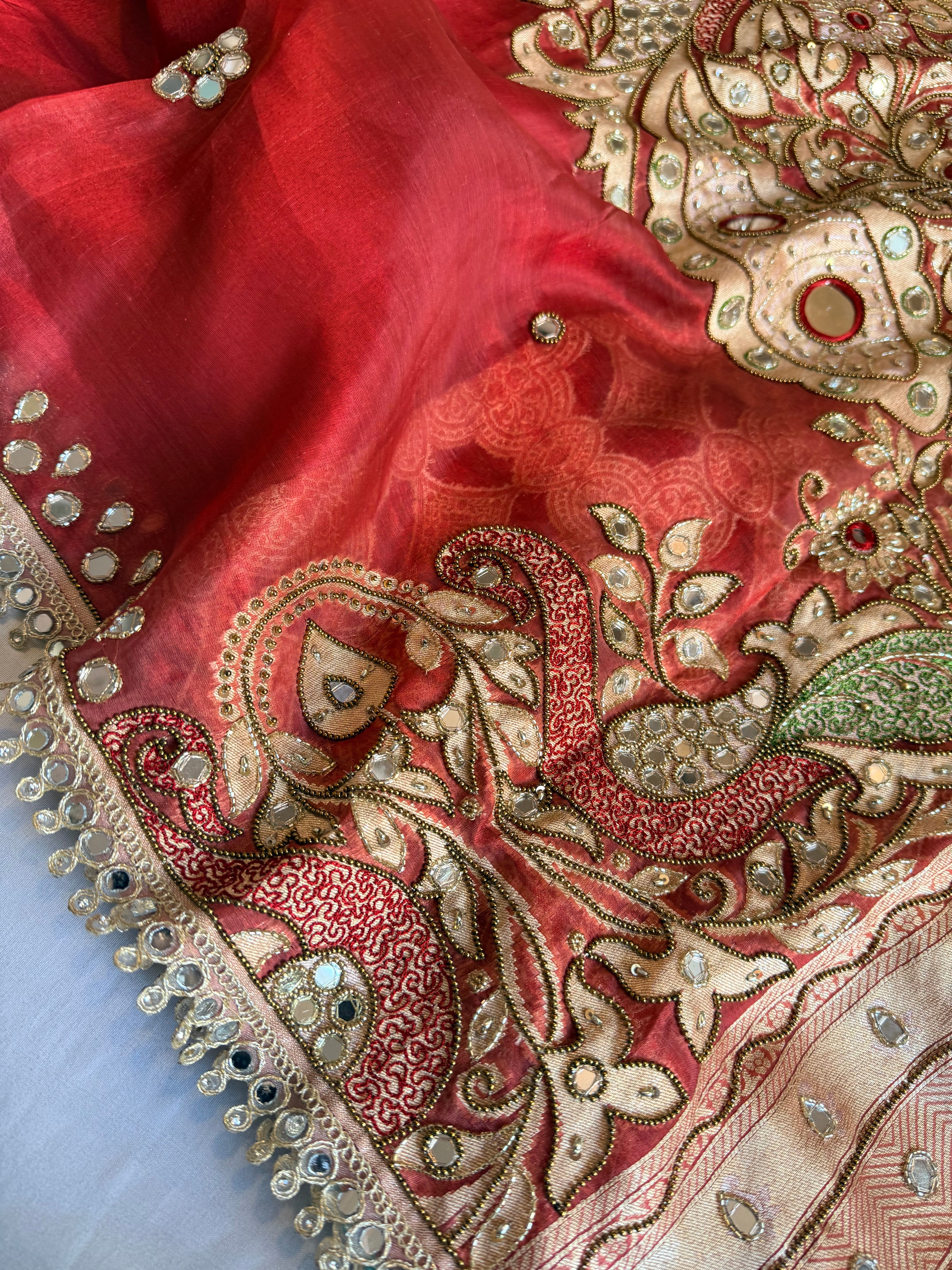 Dhup chao effect tissue silk mirrorwork hand embroidered paithani pallu kadhwa saree