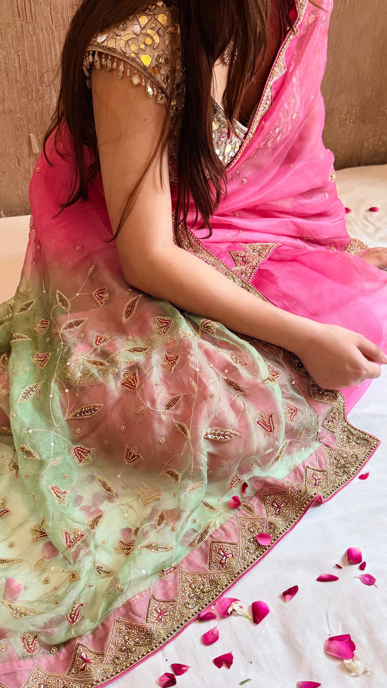 Gulkand edit - Banarasi kora silk ombre shaded hand embroidered kadhwa saree preorder on 15 days