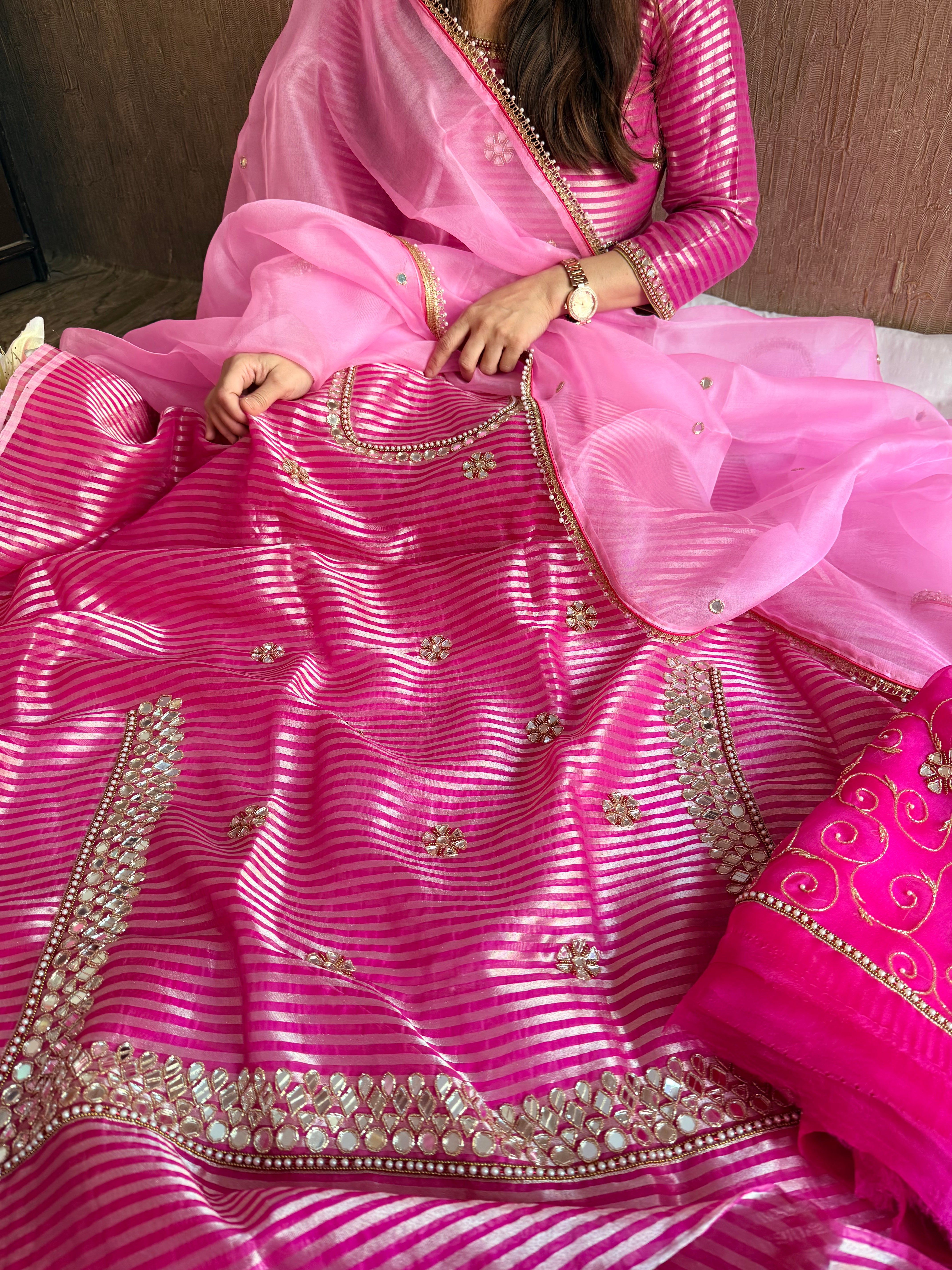 Kora silk silver zari striped mirror work edit hand embroidered kadhwa suit set